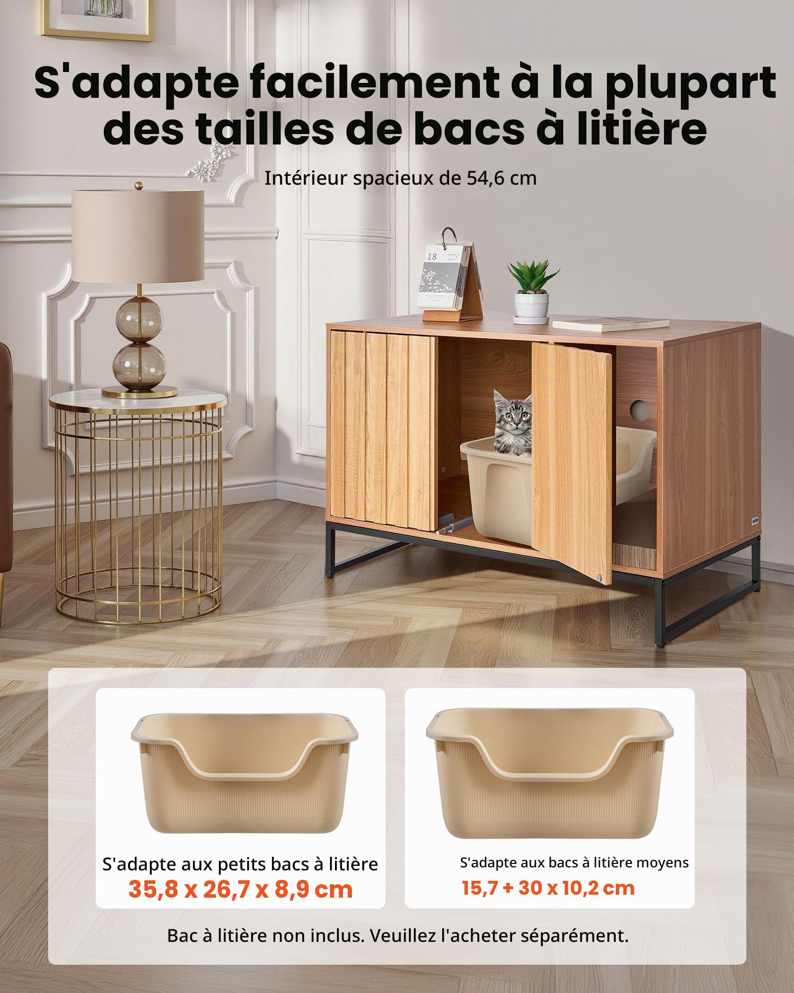 VEVOR Meuble de Rangement pour Bac à Litière Chat Armoire Cache Maison de Toilette de Chat, Niche Cache-litière avec Griffoir, pour la Plupart des Bacs à Litière Chats, pour Salon, 80 x 51 x 56,8 cm