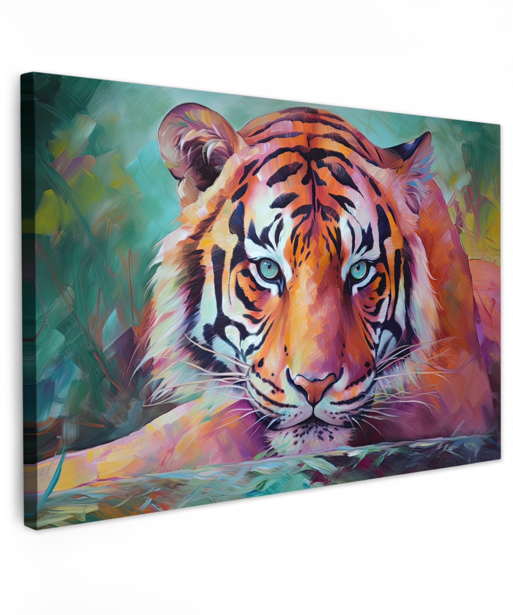 MuchoWow© Canvas Wall Art 12"x8" / 30x20 cm Decor Paintings Print framed on Canvas Pictures for Hallway Tiger - Oil paint - Animals - Art — image 1