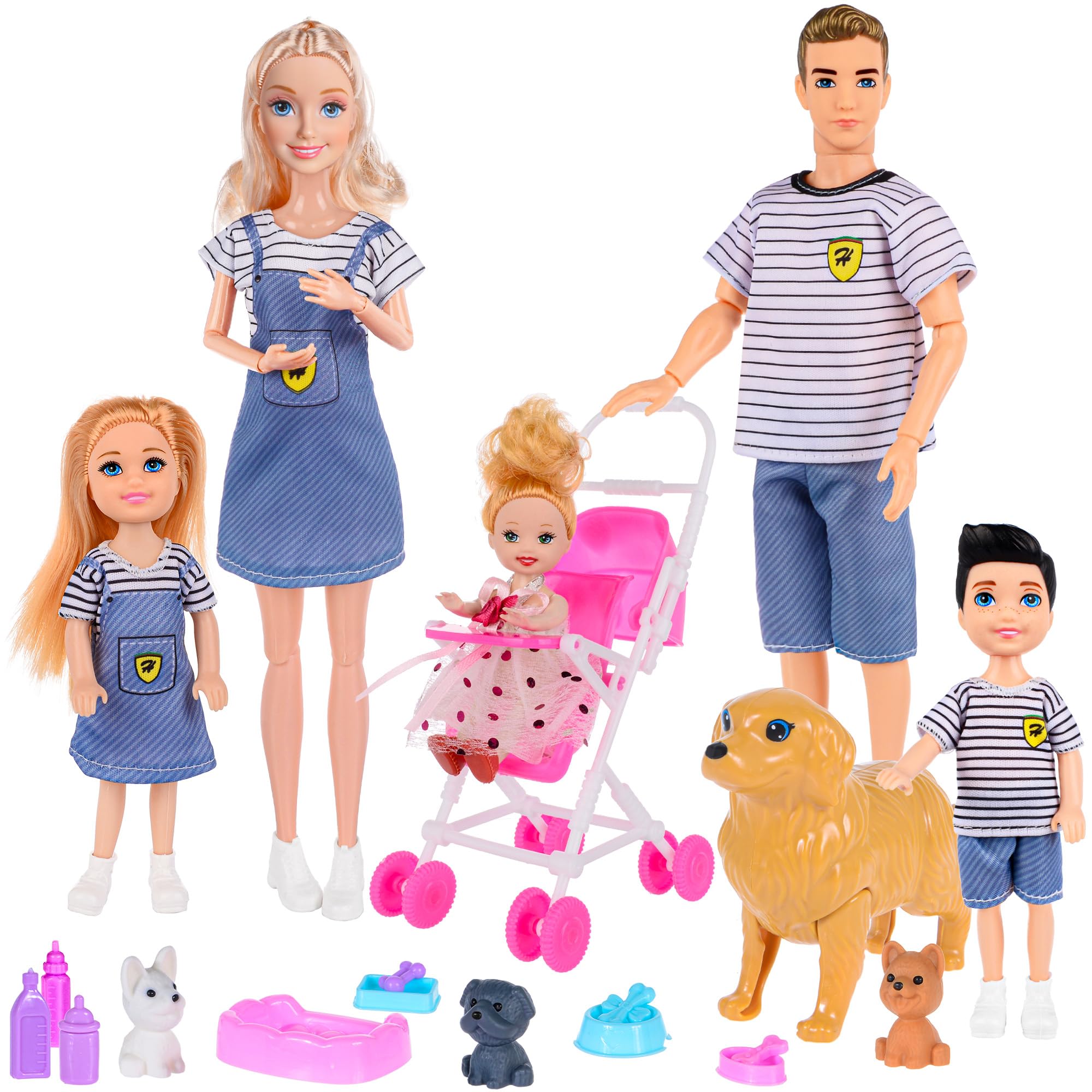 Dolls Family Playset with Baby Stroller Set- 6 People, Pets & Accessories for 3-12 Years Old | Toddler Gift with Pregnant Mom, Dad, 3 Kids, Dogs, and Interactive Play
