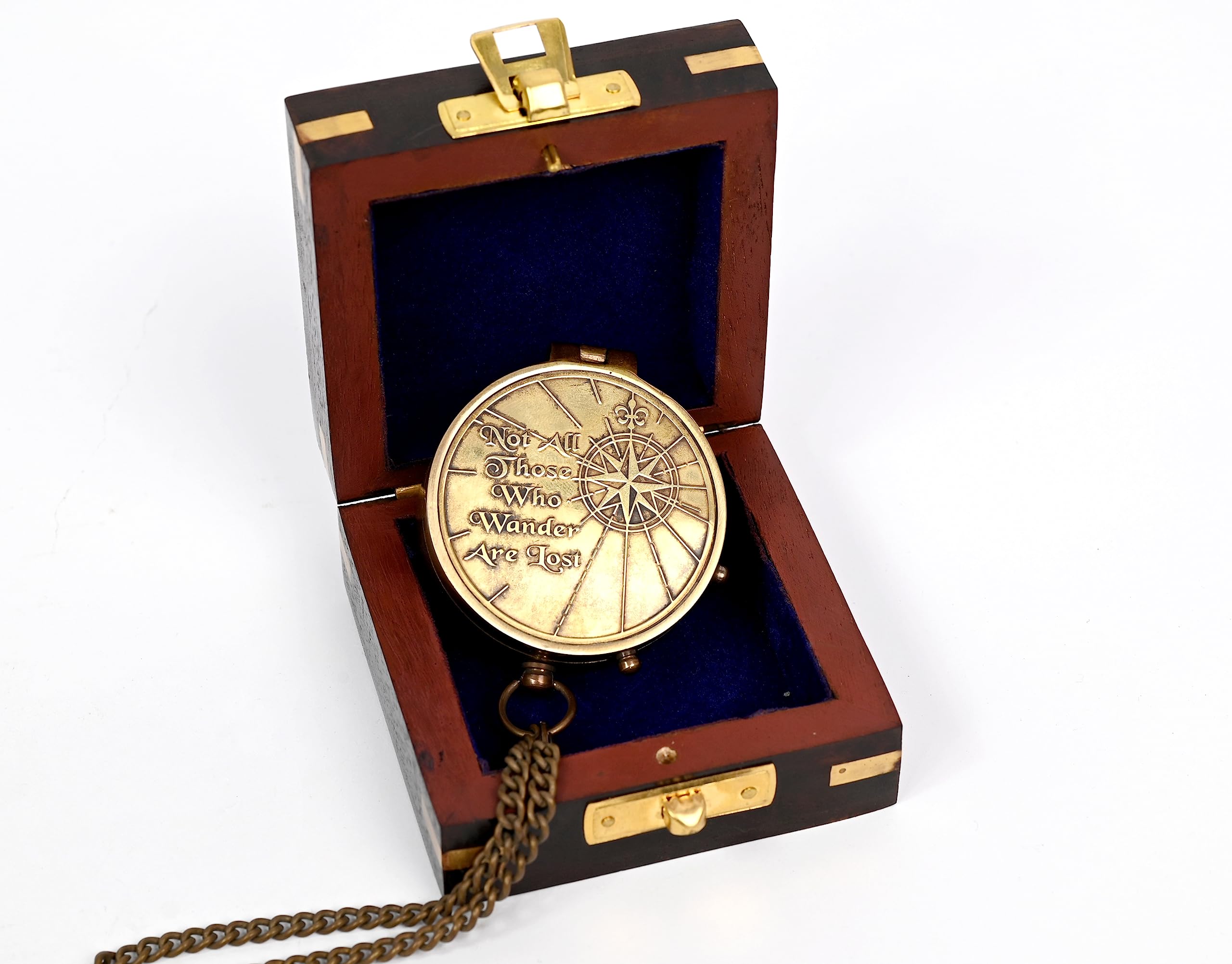 Brass NauticalNot All Those Who Wander are Lost Brass Gift Embossed Compass with Wooden case, Graduation Day Baptism Communion Confirmation Day Motivational LOTR J.R.R. Tolkien (Wooden Box)