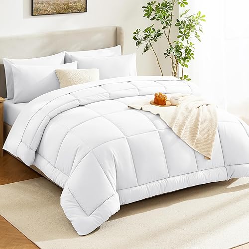 Miniatura 7 de CozyLux Juego de edredón tamaño Queen blanco, 7 piezas de cama en una bolsa, edredón blanco tamaño Queen, juegos de ropa de cama para todas las