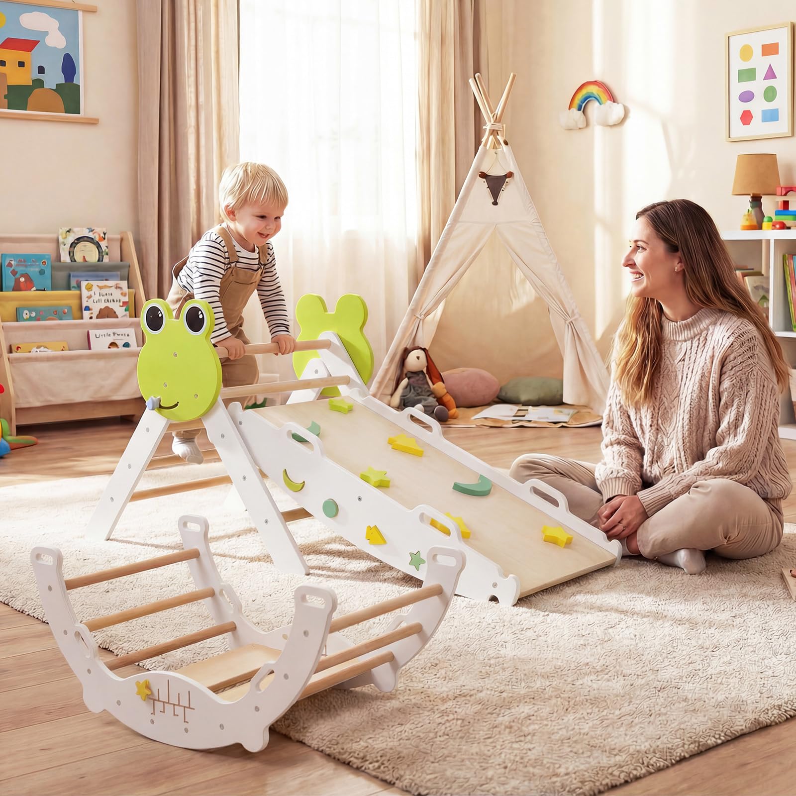 RELAX4LIFE Set da Arrampicata per Bambini, Triangolo di Arrampicata con Scivolo e Arco, Gioco di Incastri in Legno, Gioco Montessori per Bambini 1+ Anni (Rana-3 Pezzi | Bianco)