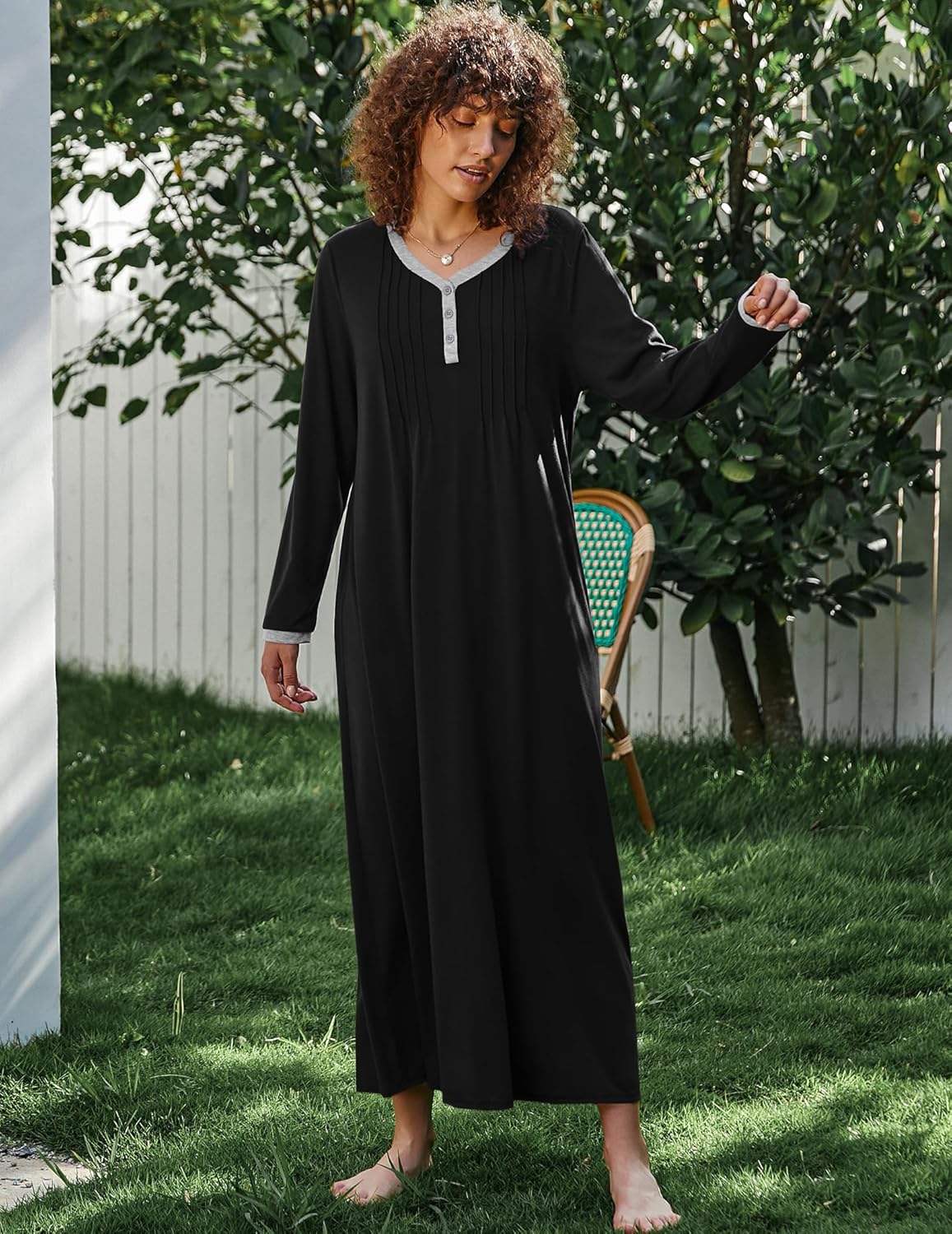 Ekouaer Women's Long Sleeve Nightgown Full Length Sleepwear Long Sleepshirts Henley Sleep Dress S-4XL - Image 5