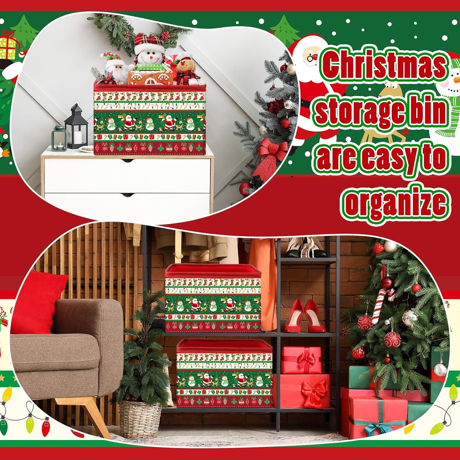 4 Pcs Large Christmas Storage Basket 15 x 10 x 9.5 Inch Foldable Christmas Storage Bins with Handles & Drawstring Lid Xmas Bins Cotton Laundry Organizer for Holiday Bedroom Home(Classic)
