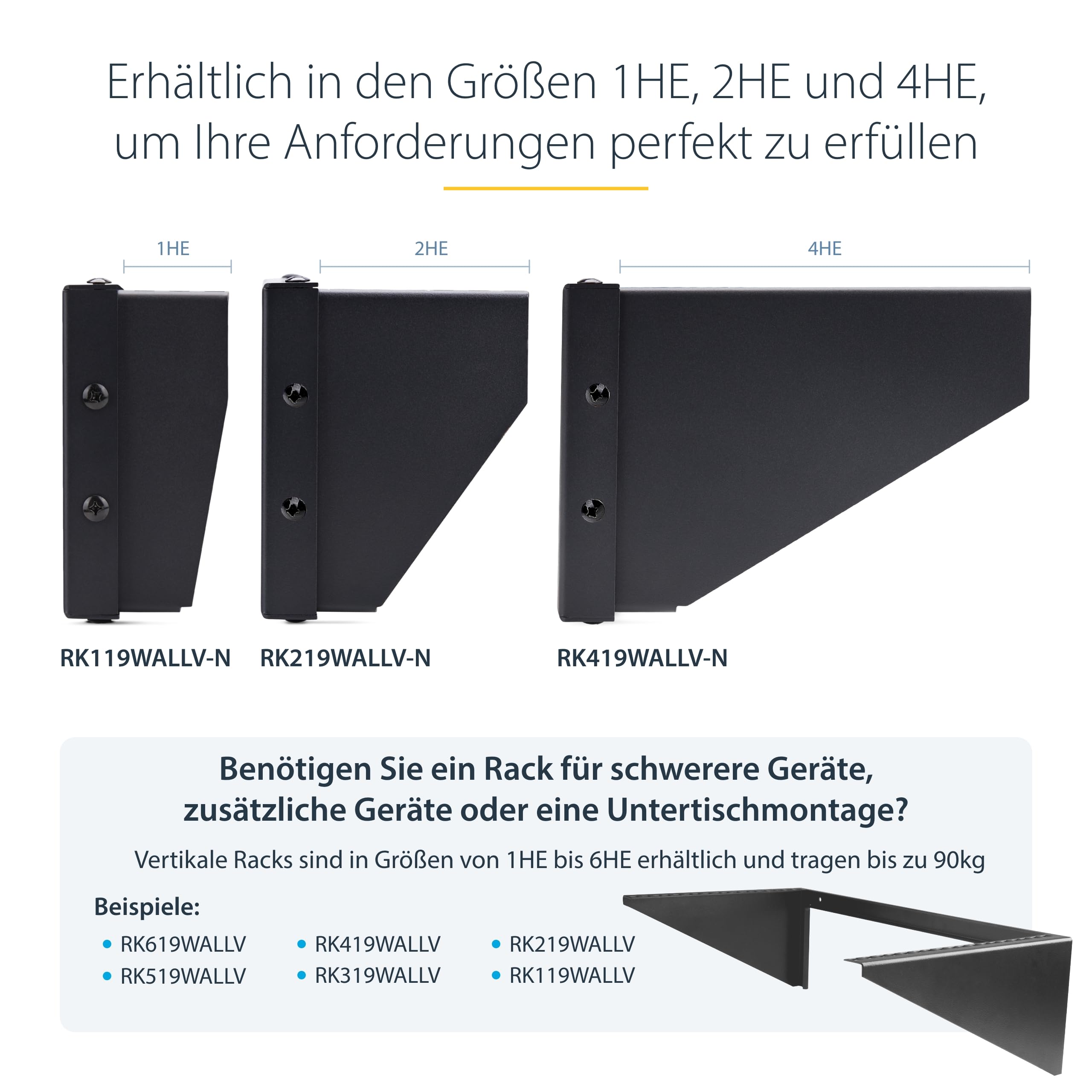 StarTech 4HE Vertikale Wandhalterung, 19 Zoll, 55kg (RK419WALLV-N) | Rack-Geräte, Patchpanels, Server, NAS, Audio Video Equipment, EIA-310, Stahl, Universal