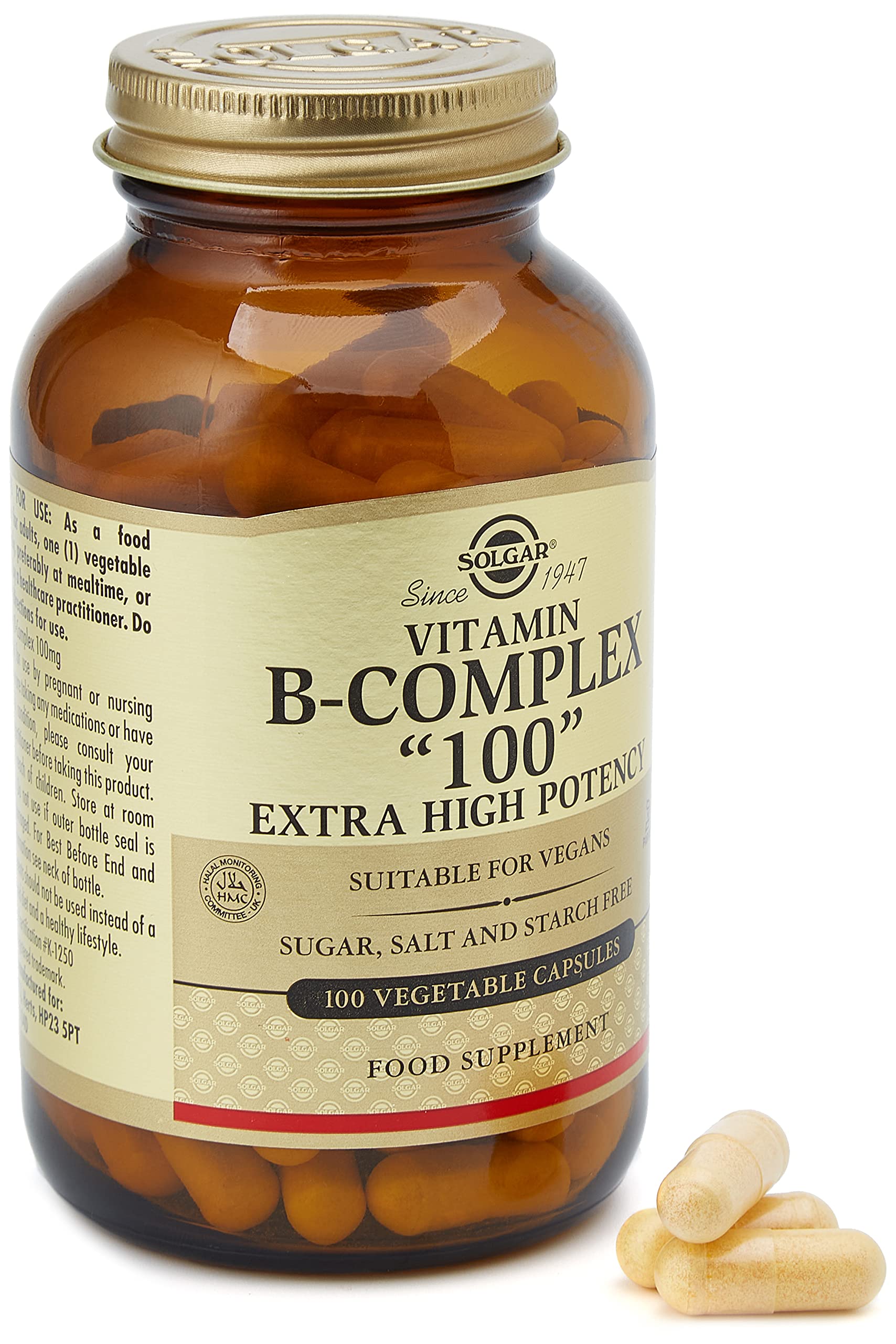 Solgar B-Complex "100", 100 Vegetable Capsules - Nervous System Support - Supports Energy Metabolism - Non-GMO, Vegan, Gluten Free, Dairy Free, Kosher - 100 Servings