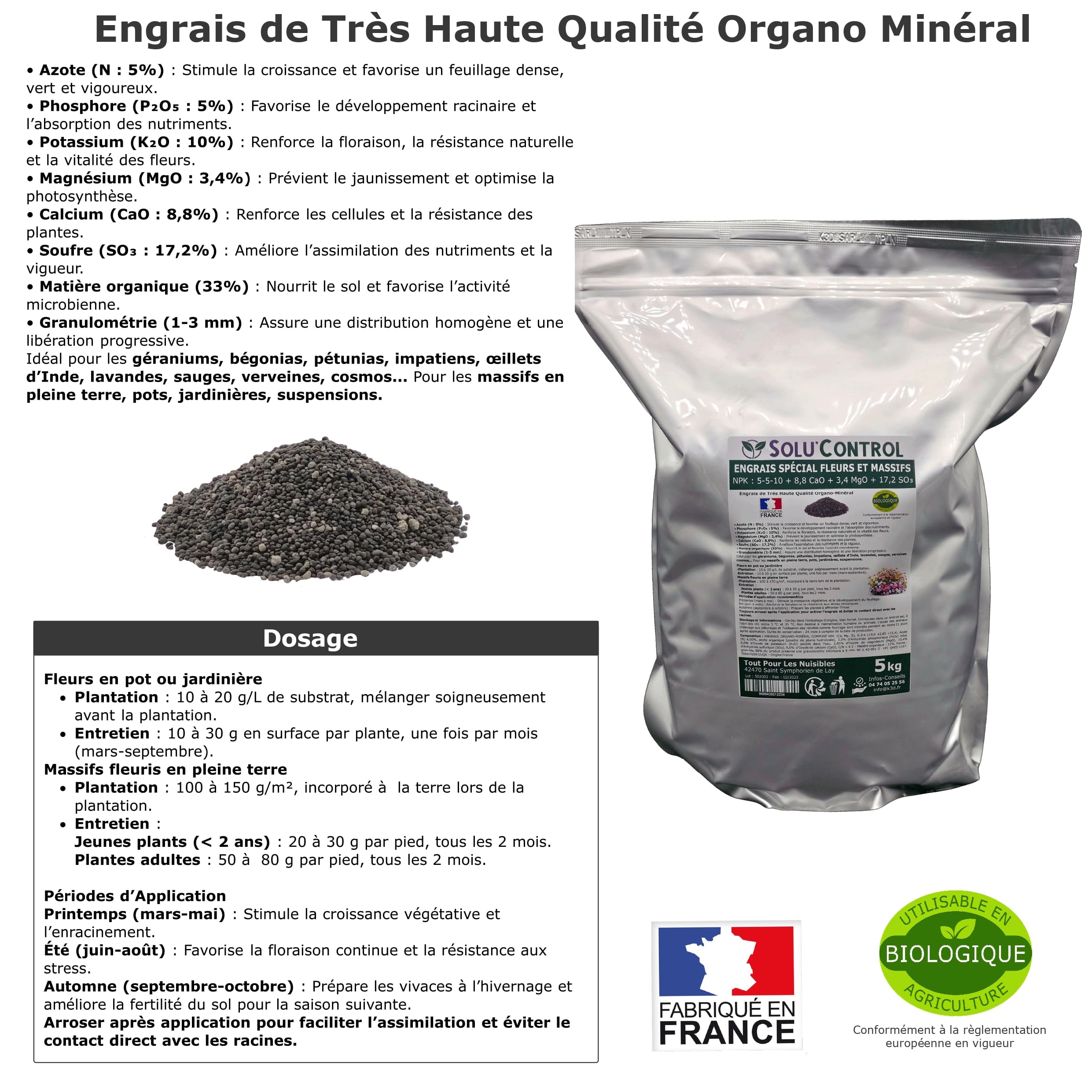 5 kg - Engrais Spécial Fleurs et Massifs NPK 5-5-10 - Favorise une floraison abondante, éclatante et durable - Utilisable en Agriculture Biologique (UAB) - Fabriqué en France