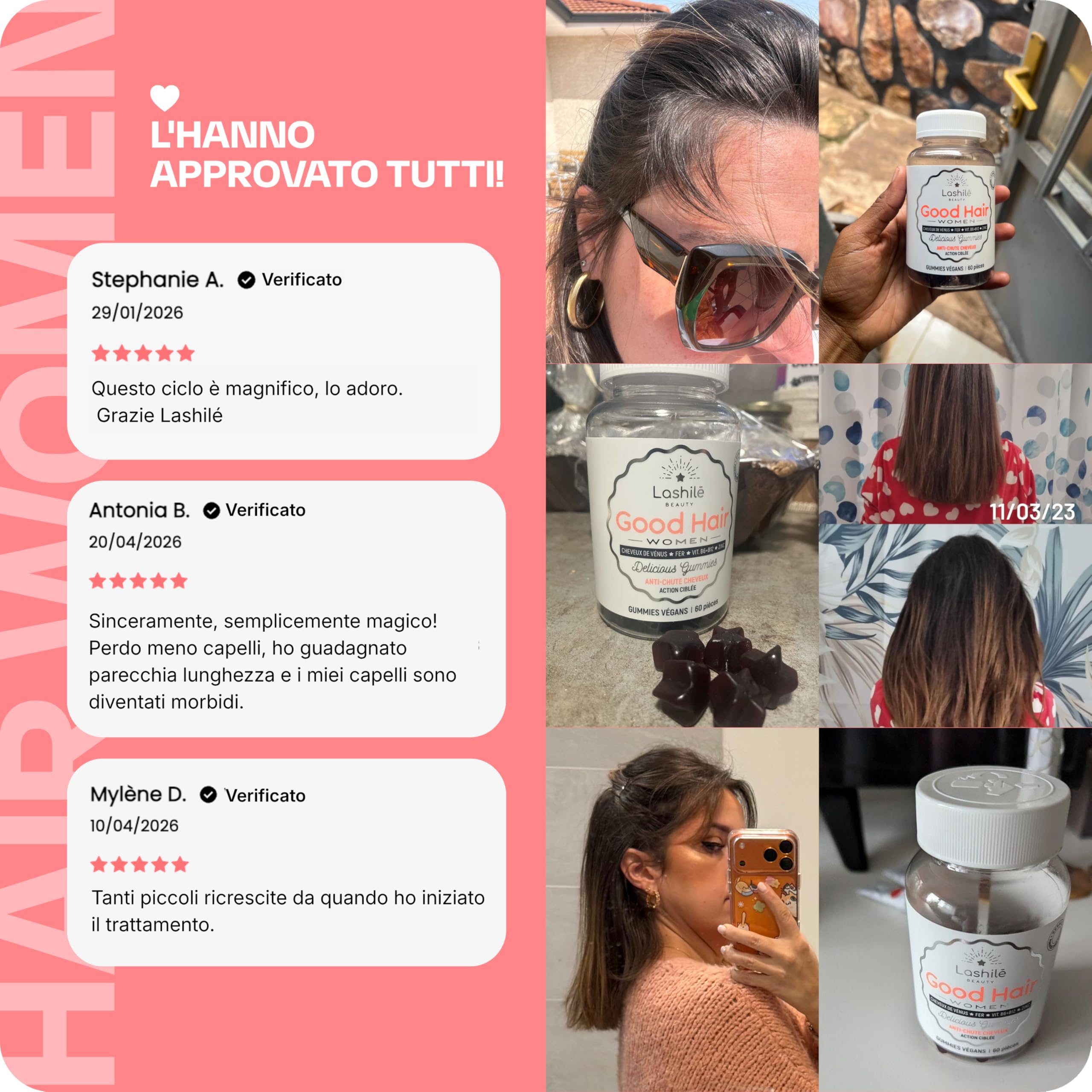 Lashilé Beauty - Integratore alimentare anti-caduta capelli - Crescita e Fortificazione capillare - Good Hair Women - Made in France - Biotina Zinco Ferro MSM Vitamine B6 - Cura 3 Mesi 180 Gummies