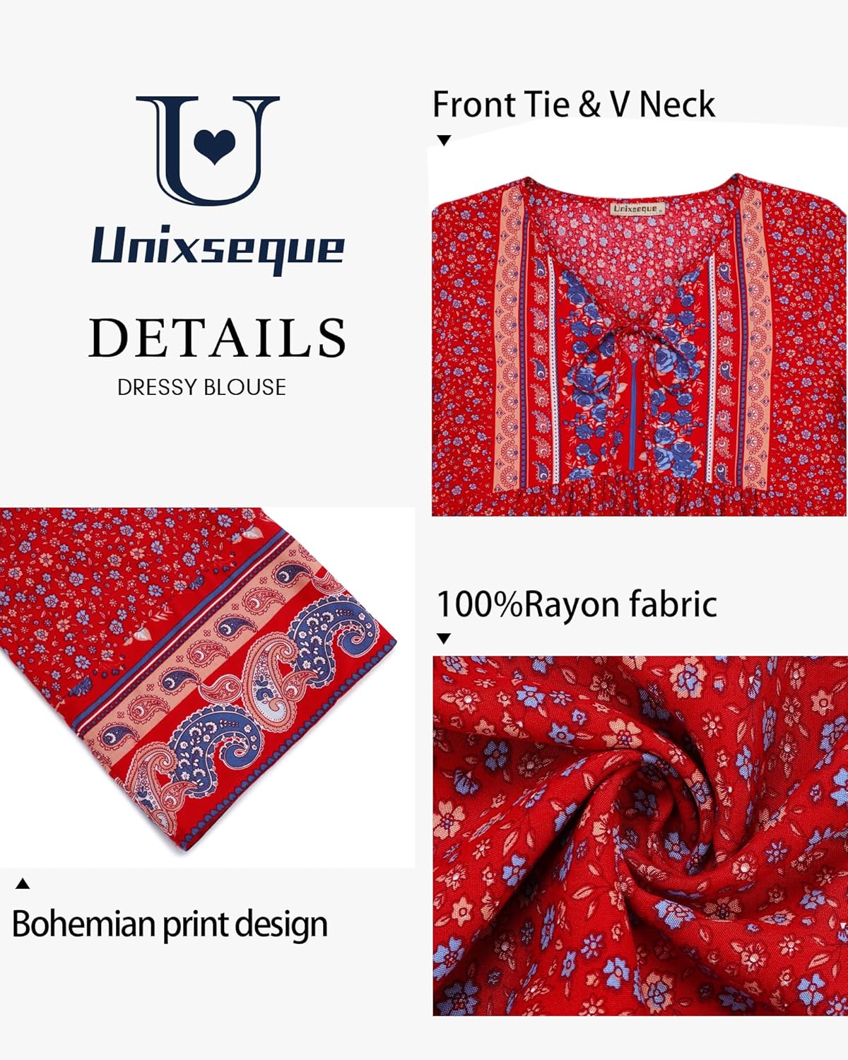 Unixseque Summer Boho Womens Tops Floral Print Dressy Casual V-Neck Tie Front Trendy Fall 3/4 Sleeve Blouses - Image 4