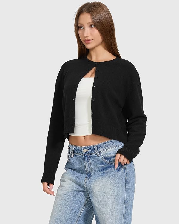 MOOSLOVER Women Cropped Cardigan Sweaters Long Sleeve Button Up Fall Fashion Knit Top Trendy Y2k Outfits(XL,Black) by MOOSLOVER - Image 3