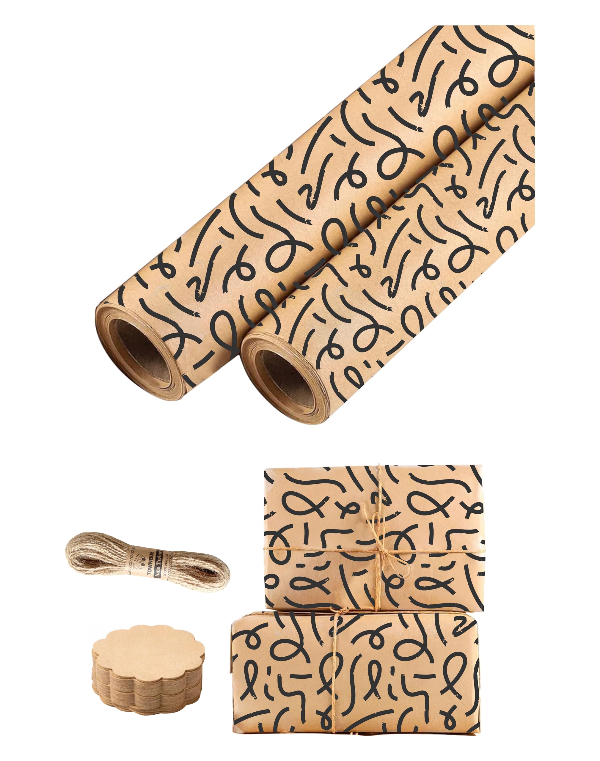 TOWNBUS Kraft Paper Gift Wrapping Pack of 10 (45cm x 60cm, 100 GSM) | Black Smudge Line Print | Includes 10 Tags & Jute Ropes | Ideal for Gift Packing, Bouquet Wrapping & DIY Crafts