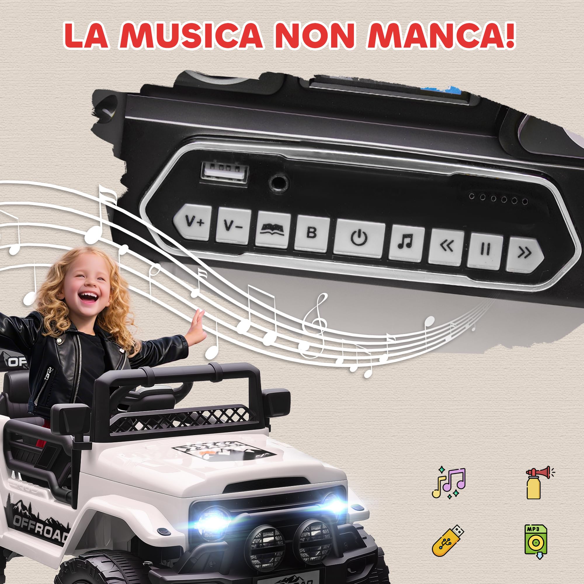 AIYAPLAY Macchina Elettrica per Bambini 3-5 Anni, 12V Fuoristrada Auto Elettrica per Bambini con 2 Motori, Sospensioni, Telecomando, USB, Musica, Wireless, Cintura, Fari e Clacson, 3-5 km/h, Bianco