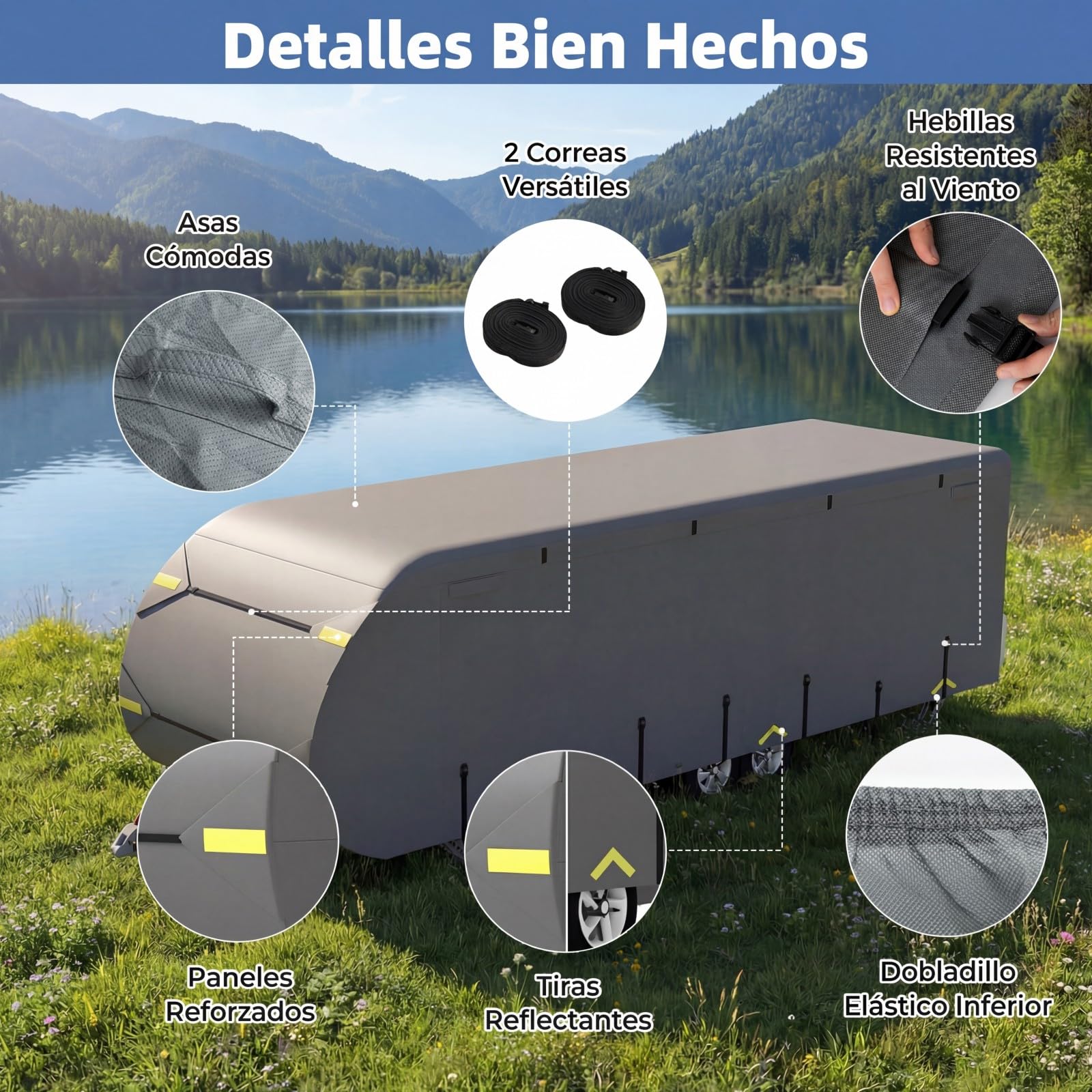 COSTWAY Funda Caravana, Cubierta Protectora para Autocaravana con 9 Correas de Fijación, 6 Tapas de Canalón, 2 Parches de Reparación y Bolsa, Lona para Caravana, Verano, Invierno (571x260x250cm)