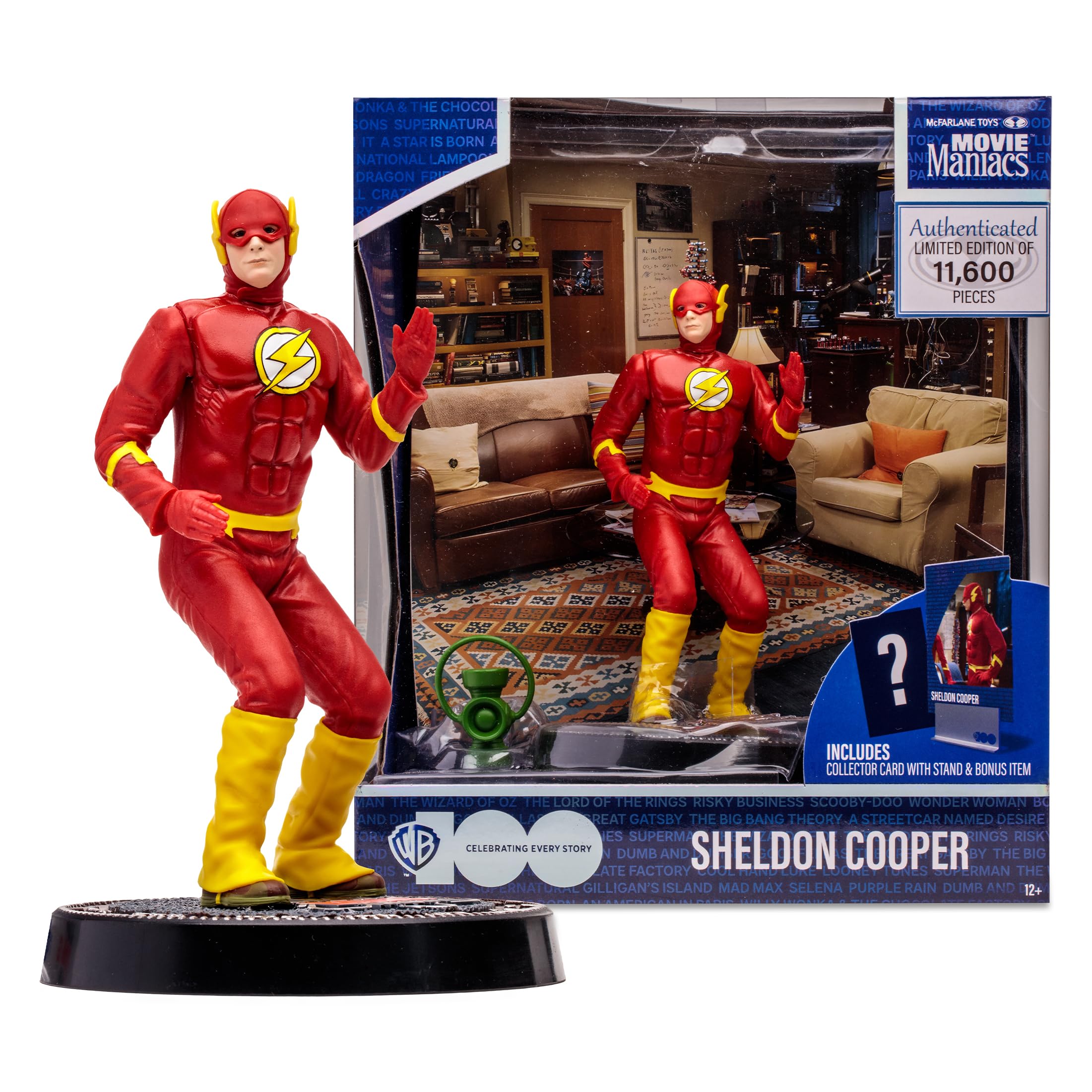 McFarlane WB 100: Sheldon Cooper (The Big Bang Theory) Movie Maniacs - Figura de Juguete de 6 Pulgadas | Movie Maniacs - Figura estática Wave 5 de 6 pulgadas, disfraz de Sheldon Cooper Flash de Big Bang Theory