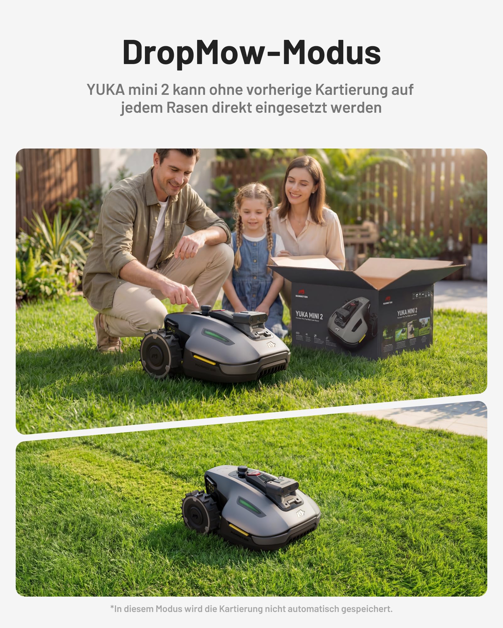MAMMOTION YUKA mini 2 500 Mähroboter ohne Begrenzungskabel, Empf. 500 m², Kein RTK, Kein Signalabbruch, KI TrueVision-Navigation, Auto-Mehrzonen-Kartierung, DropMow, RWD für 45% Steigung, 4.5Ah-Akku
