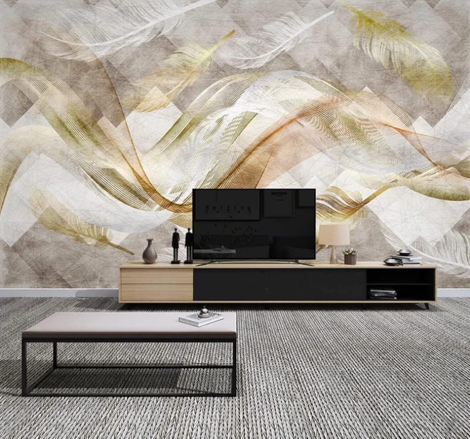 XLMING Abstract Gold Abstract Lines Feathers 3D Wallpaper Luxury Silk Study Dining Feature Sofa Grey Bedroom Living Room Tv Decorative Wall-430cm×300cm