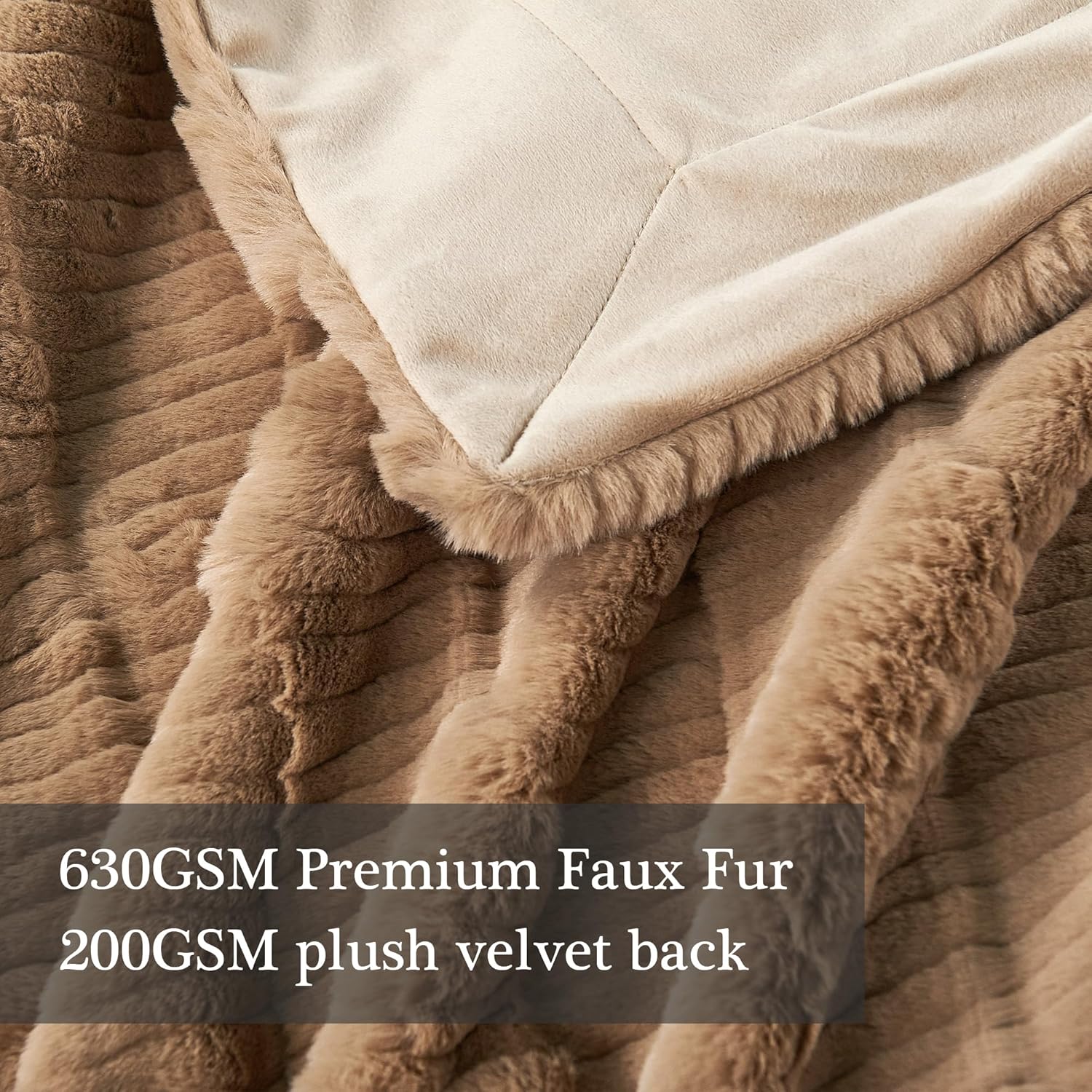 Embossed Stripe Luxury Faux Fur Throw Blanket Reversible to Cozy Velvet(No Pillow), 630GSM Soft Fuzzy Fluffy Plush Furry Warm Blanket for Couch Bed Chair Sofa Bedroom, 50"x60", Light Taupe