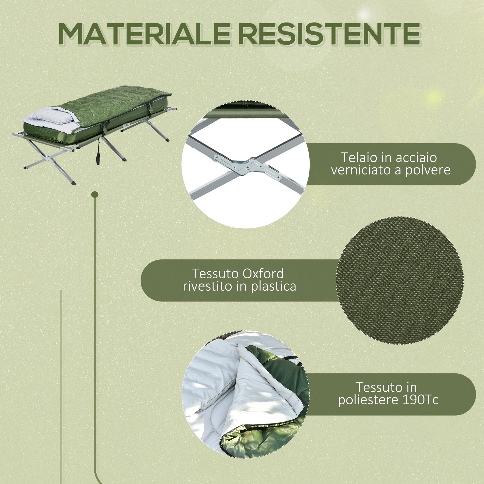 Outsunny Set Brandina da Campeggio con Materasso Gonfiabile, Lettino da Campeggio Pieghevole con Cuscino, Sacco Letto e Pompa, Sacca di Trasporto Inclusa, Verde