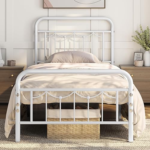 Yaheetech Twin Size Metal Bed Frames with Vintage Headboard and Footboard, Farmhouse Metal Platform Bed, Heavy Duty Steel Slat Support, Ample Under-Bed Storage, No Box Spring Needed, White