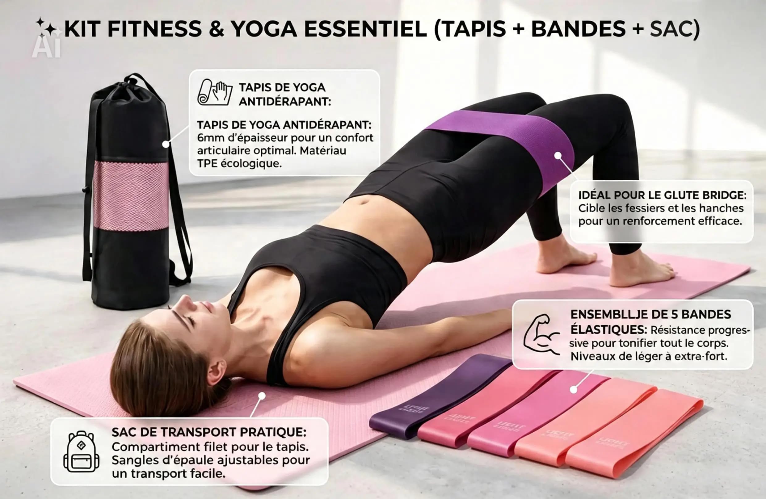 Kit Yoga 3 en 1, Tapis de Yoga Antidérapant Rose + 5 Bandes Élastiques de Résistance + Sac de Transport, Set Complet Fitness et Pilates