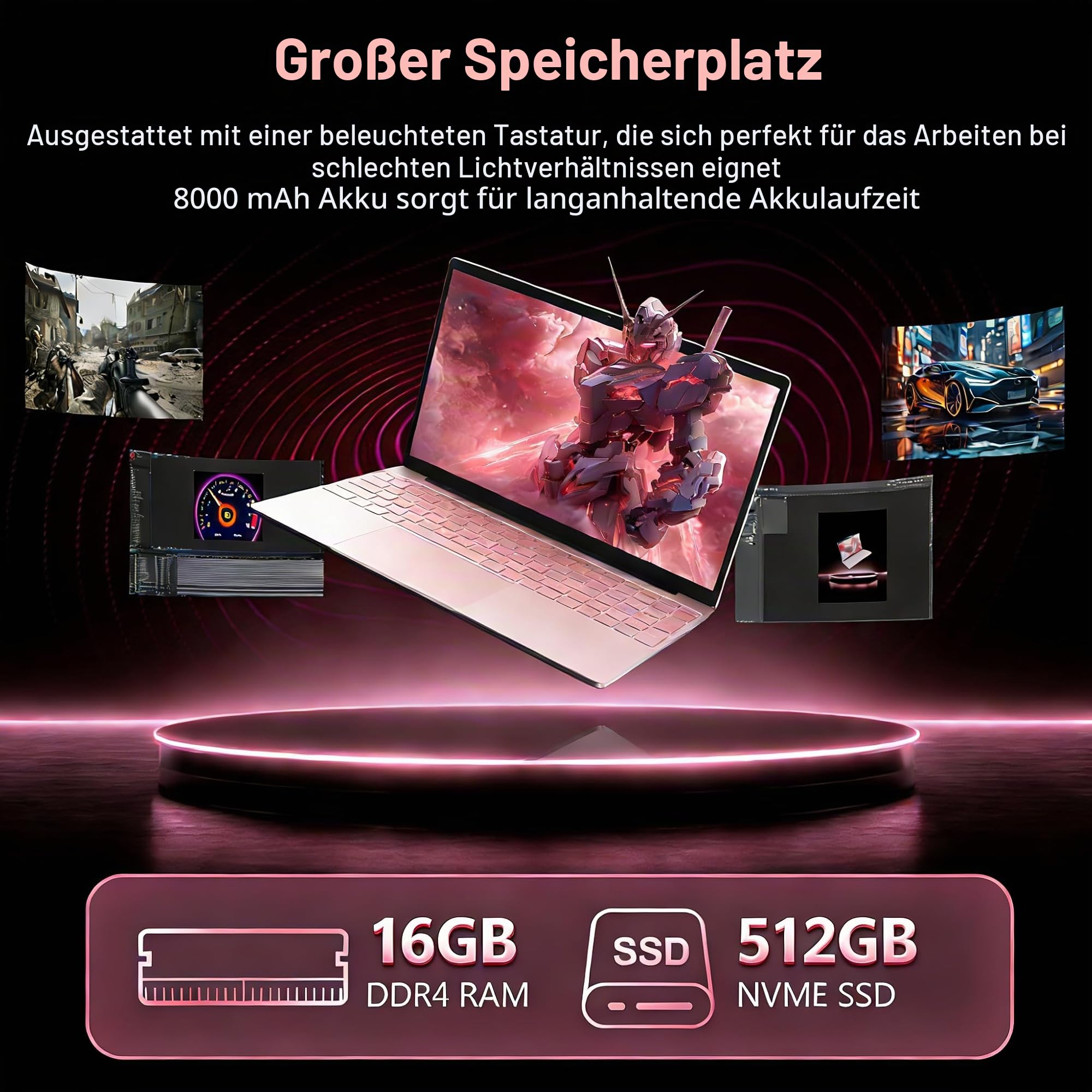 CYCLUS 15,6 Zoll Laptop für Studenten, Haushalt & Gelegenheitsspiele – N95 Prozessor (4C/4T bis 3,4 GHz), 16GB RAM, 512GB SSD, UHD Grafik + QWERTZ-Tastaturabdeckung inklusive - Rosa