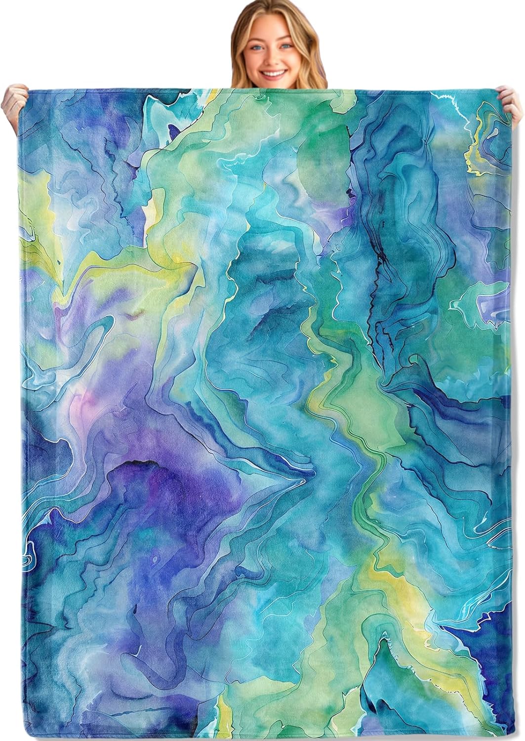 Tie Dye Throw Blanket,50x60in,Soft,Lightweight Flannel,Abstract Watercolor Blue and Green Marble Blankets - Gifts for Adult & Artistic Lovers,for Couch Office Travel,Home Living Room Decor