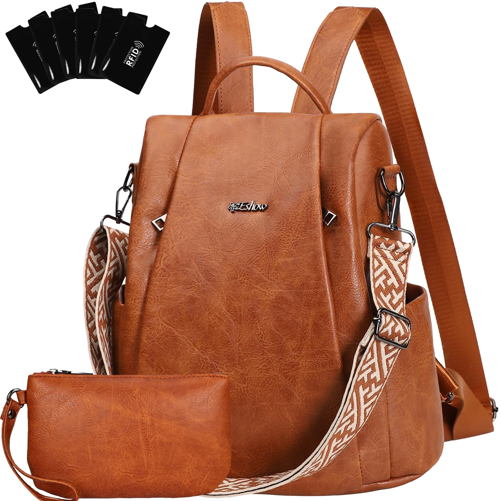 Eshow Rucksack Damen Klein, Anti-Diebstahl Elegant Cityrucksack, Wasserdichter Tagesrucksack Veganes Leder, Rucksacktasche mit Clutchbag RFID Blocker Modern für Pendeln Schule Arbeit Reise Braun
