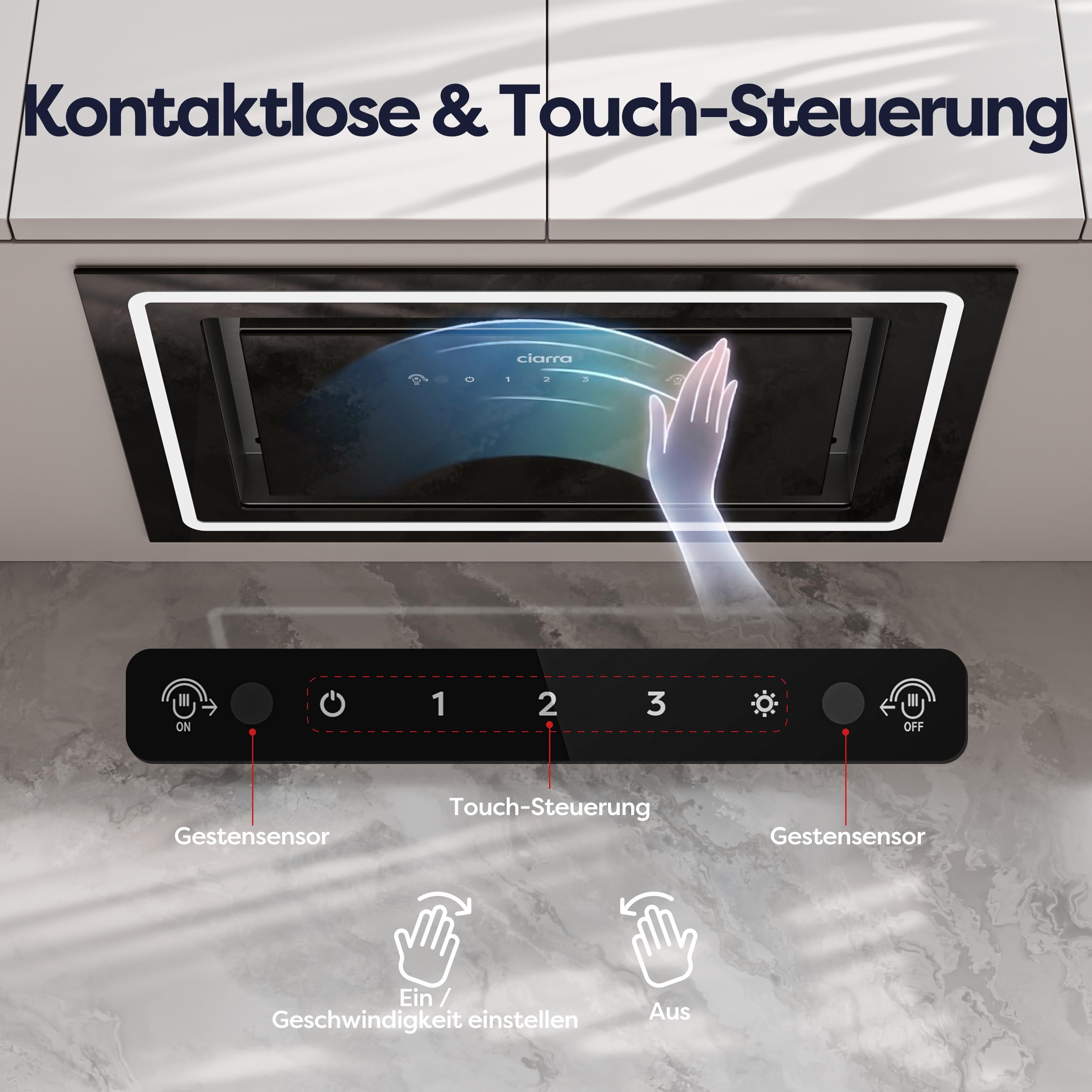 CIARRA CBCB5931C Einbau Dunstabzugshaube 52 cm Lüfterbaustein 460 m³/h mit Handbewegung Sensor Touch-Bedienung CBCF055 Aktivkohlefilter Integrierte Abluft Umluft Abzugshaube 3 Leistungsstufen Schwarz