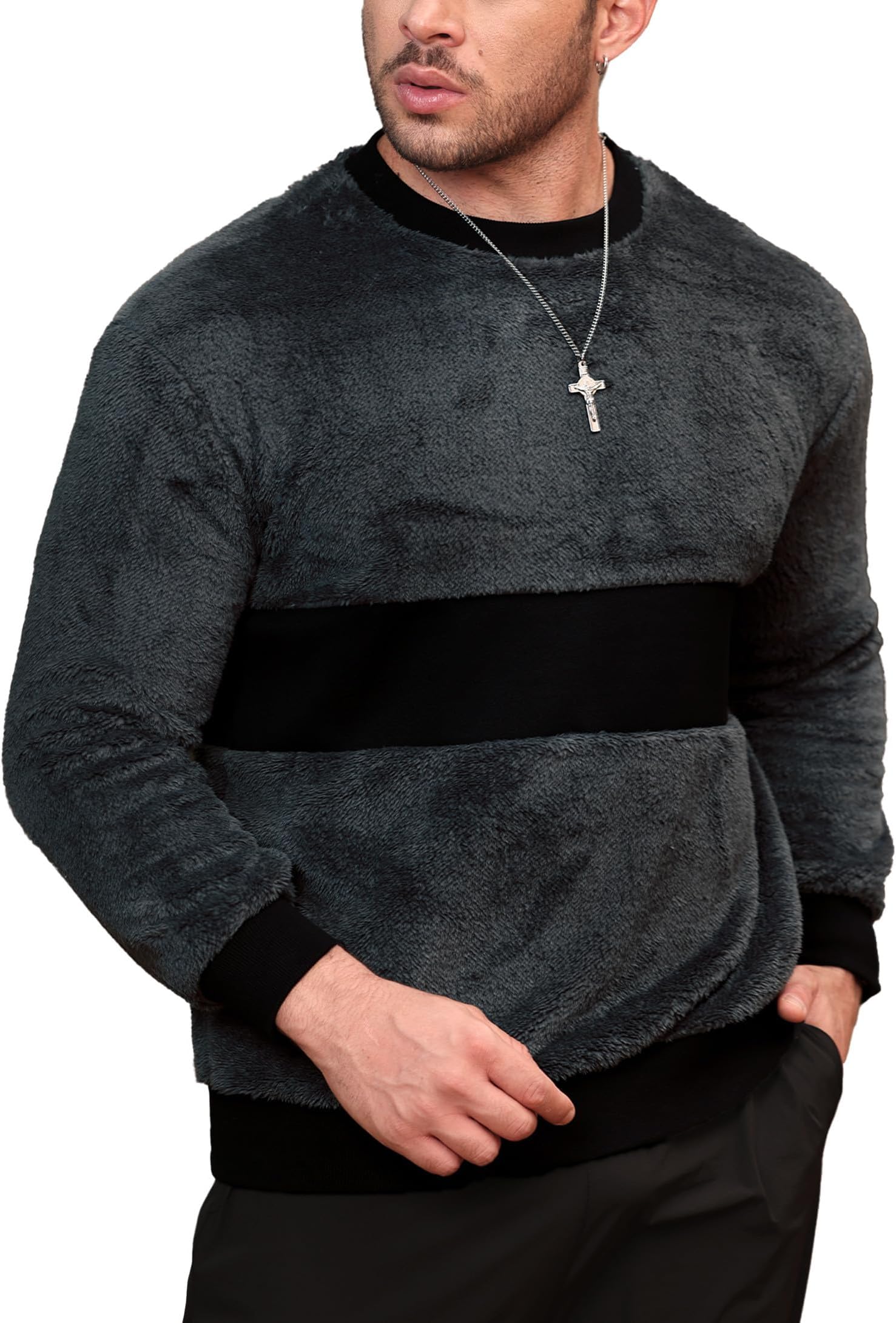 Mainfini Men's Fuzzy Sherpa Sweatshirt Crew Neck Fluffy Fleece Pullovers (S-XXL)
