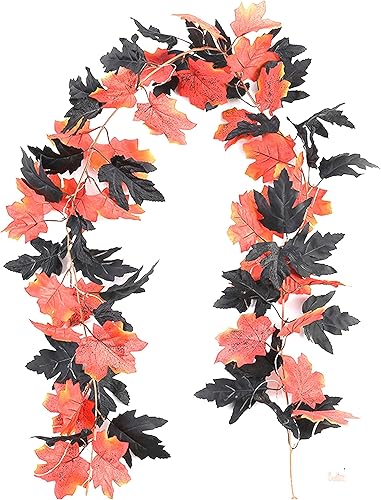 Guirnalda de Halloween de 5.9 pies, 1 guirnalda de hojas de arce de otoño, color rojo y negro, guirnalda de arce artificial de otoño para decoración