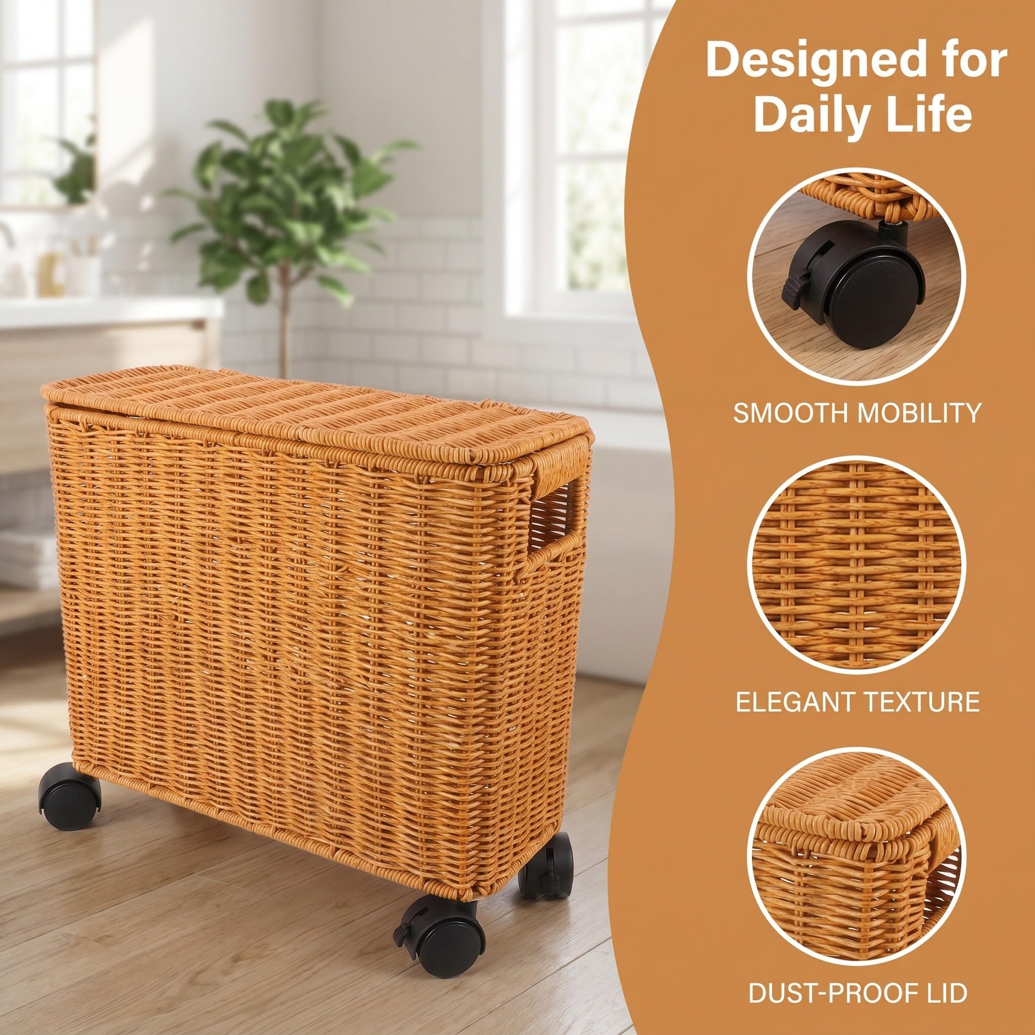 FRCOLOR Caja de Almacenamiento Rectangular de Pe Color Caqui Estilo Mimbre con Tapa y Ruedas, Soporte para Apilamiento Vertical y Alta Capacidad de Peso, Adecuado para Pasillos y Baños