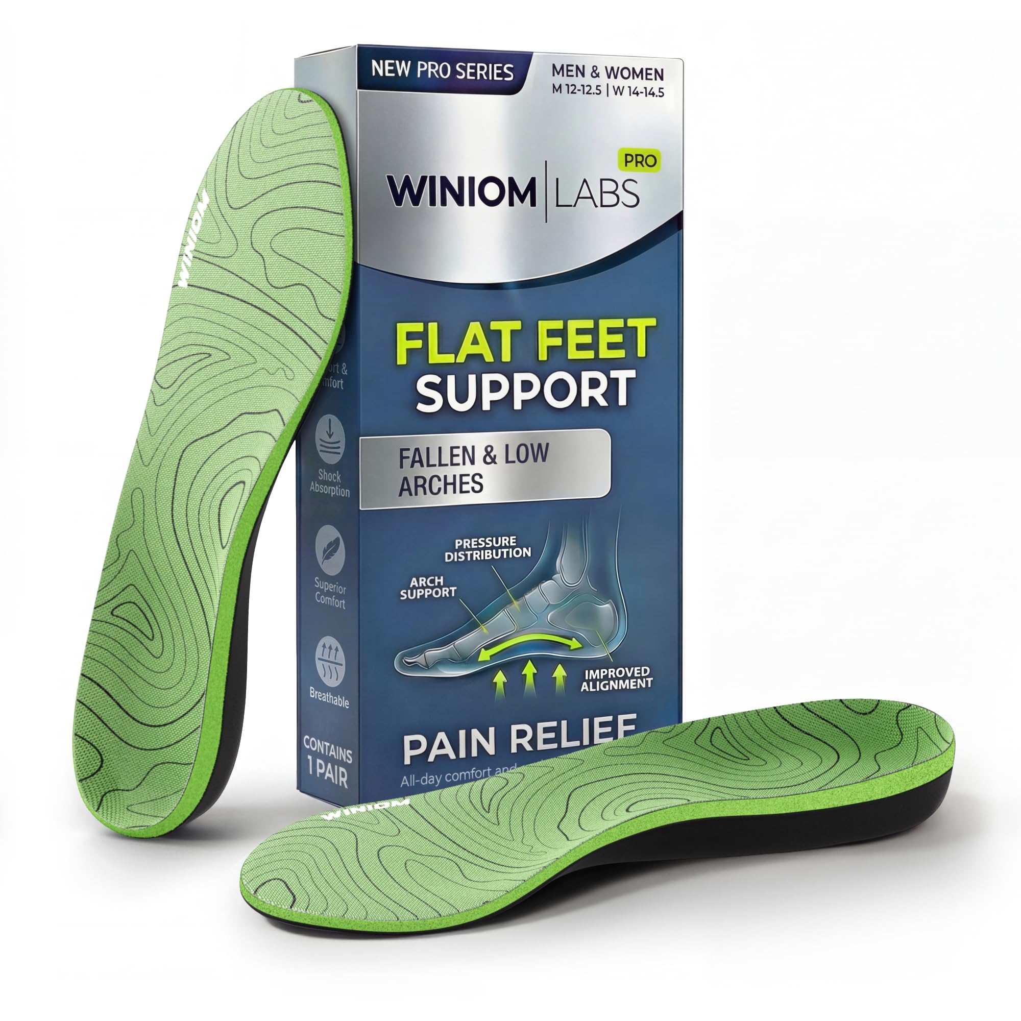 Flat Feet Insoles Men &amp; Women - Orthotic Shoe Inserts with Arch Support for Flat Feet, Overpronation Insoles with Shock Absorption for Heel and Foot Pain Relief (Geo Green, M 8-8.5 / W 10-10.5)