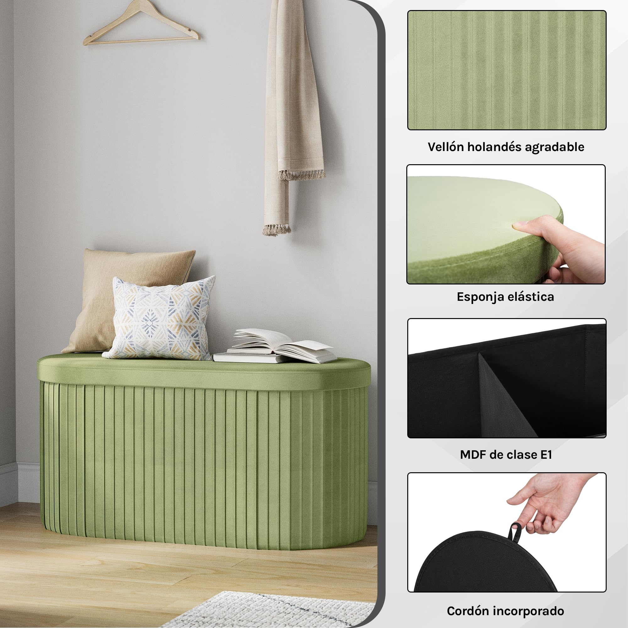 WOLTU Baul Almacenamiento Dormitorio, Baúl Puff Plegable, Banco Almacenaje de 76L, Banqueta Otomano Salon, Reposapiés Sofá, 76x38x38 cm, Verde