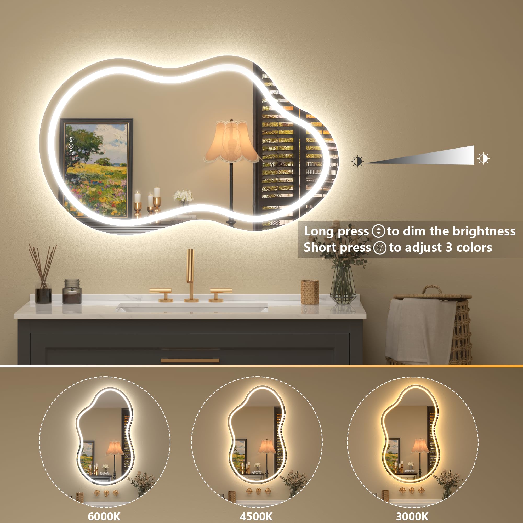 Asymmetrischer LED-Badezimmerspiegel, unregelmäßige Wolke, LED-beleuchteter Kosmetikspiegel mit Lichtern für die Wand, beschlagfrei, dimmbar, 3 Farben, Speicher (horizontal/vertikal)
