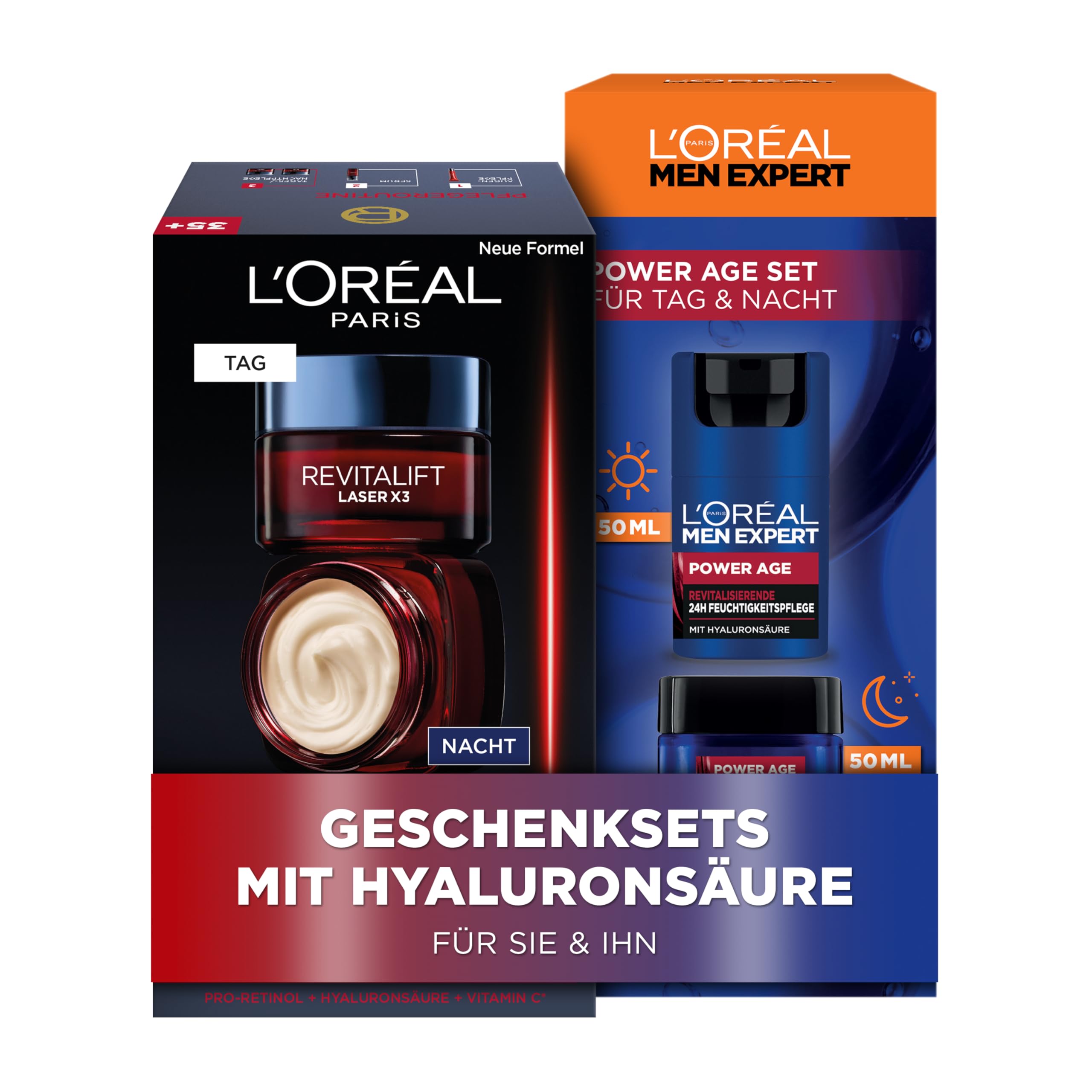 L'Oréal Paris Pflegesets für sie & ihn, Gesichtspflege-Sets mit 2x Gesichtscreme und 2x Nachtcreme, Anti-Aging Geschenke mit Hyaluronsäure für Damen und Herren, Revitalift Laser, Power Age, 4-teilig