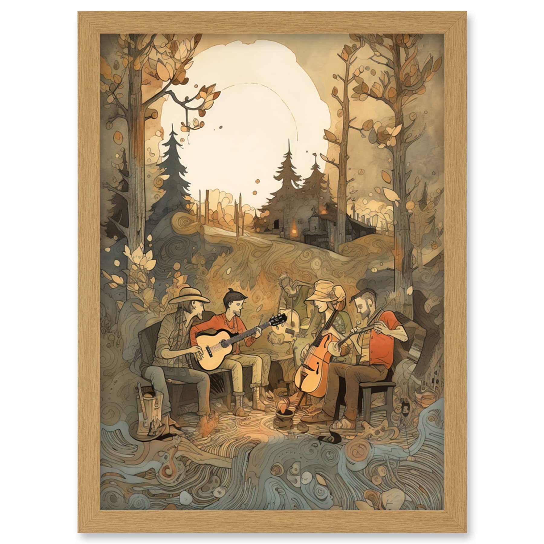 Artery8 Framed Watercolour Painting Print A4 - Countryside Folk Band Musicians in Forest at Sunset - Light Oak Frame