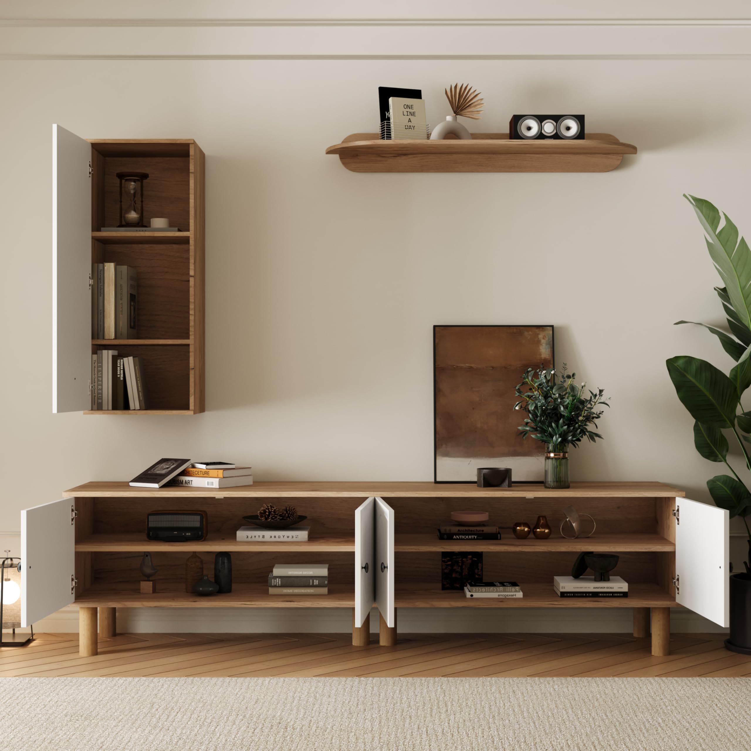 3 piezas, pared de salón, lo mejor de: Highboard, armarios, tablero de pared. Paneles de puerta tallados blancos y de madera.
