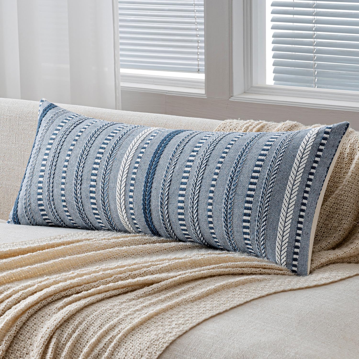 ANRODUO Pack of 2 Boho Decorative Throw Pillow Covers 20x20 Farmhouse Cushion Case Striped Chenille Pillow Cases Square Pillow Covers Accent Neutral Pillowcase for Sofa Couch Bed, White Stripe