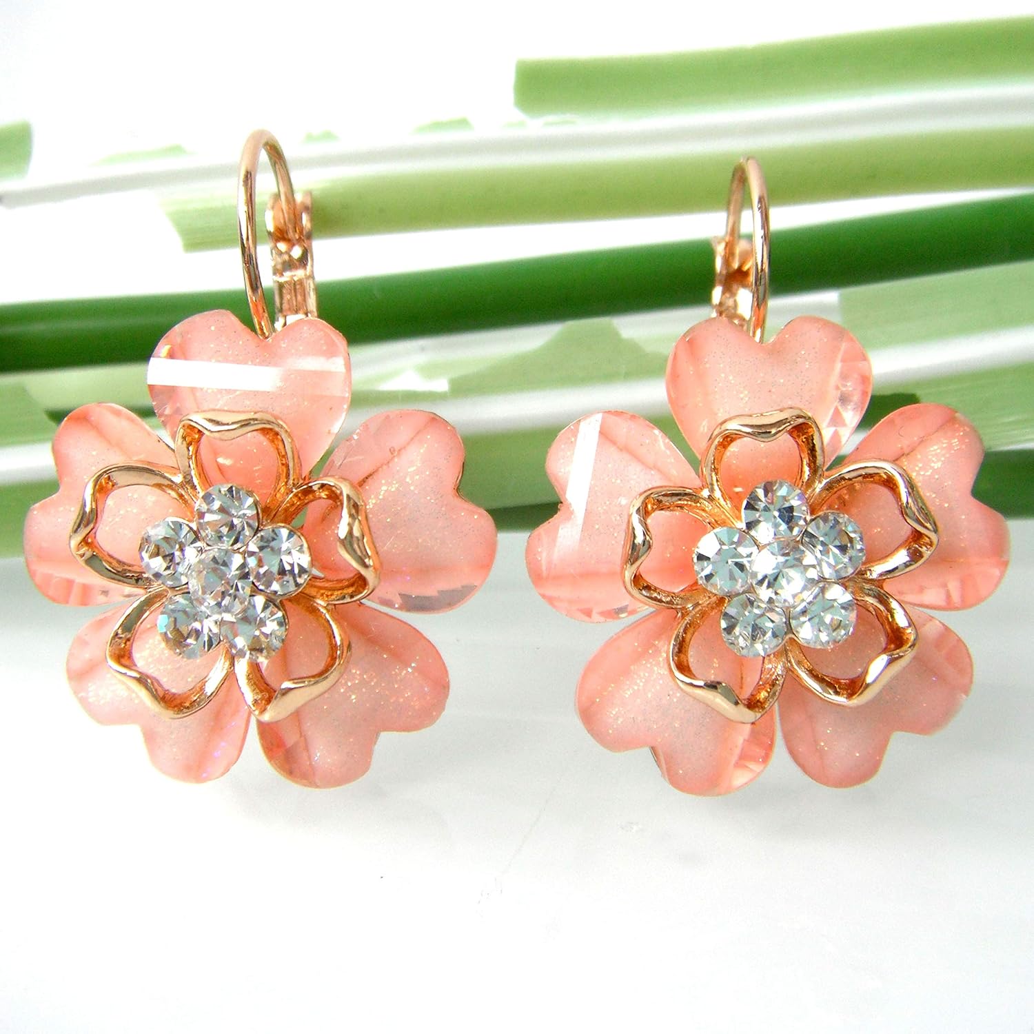 Navachi 18k Gold Plated White Crystal Acetate Blooming Flowers Leverback Earrings - Image 4