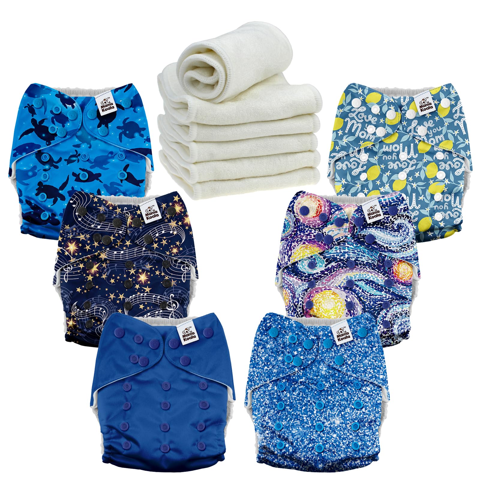 Mama Koala 6 Pack Reusable Cloth Diapers 3.0 for Babies Girls Newborn, One-Size Adjustable Baby Diaper, Durable Stitching, Back Opening for Inserts, Breathable Awj Lining, Leak Prevention-Dreamy Sky
