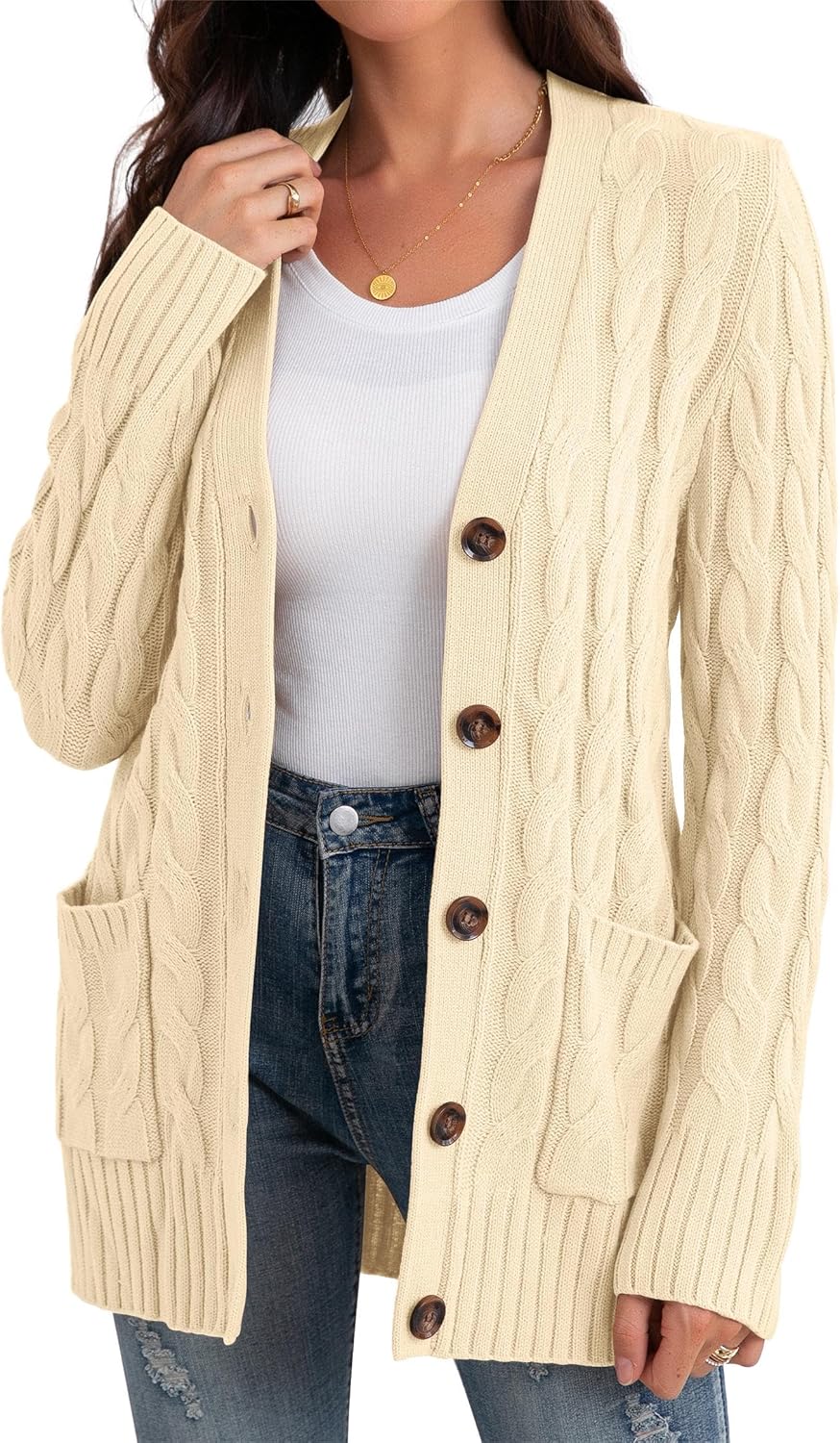 GRECERELLE Women's Long Sleeve Loose Knit Cable Open Front Button Down Cardigan Sweater Outerwear Coat with Pockets - Image 5