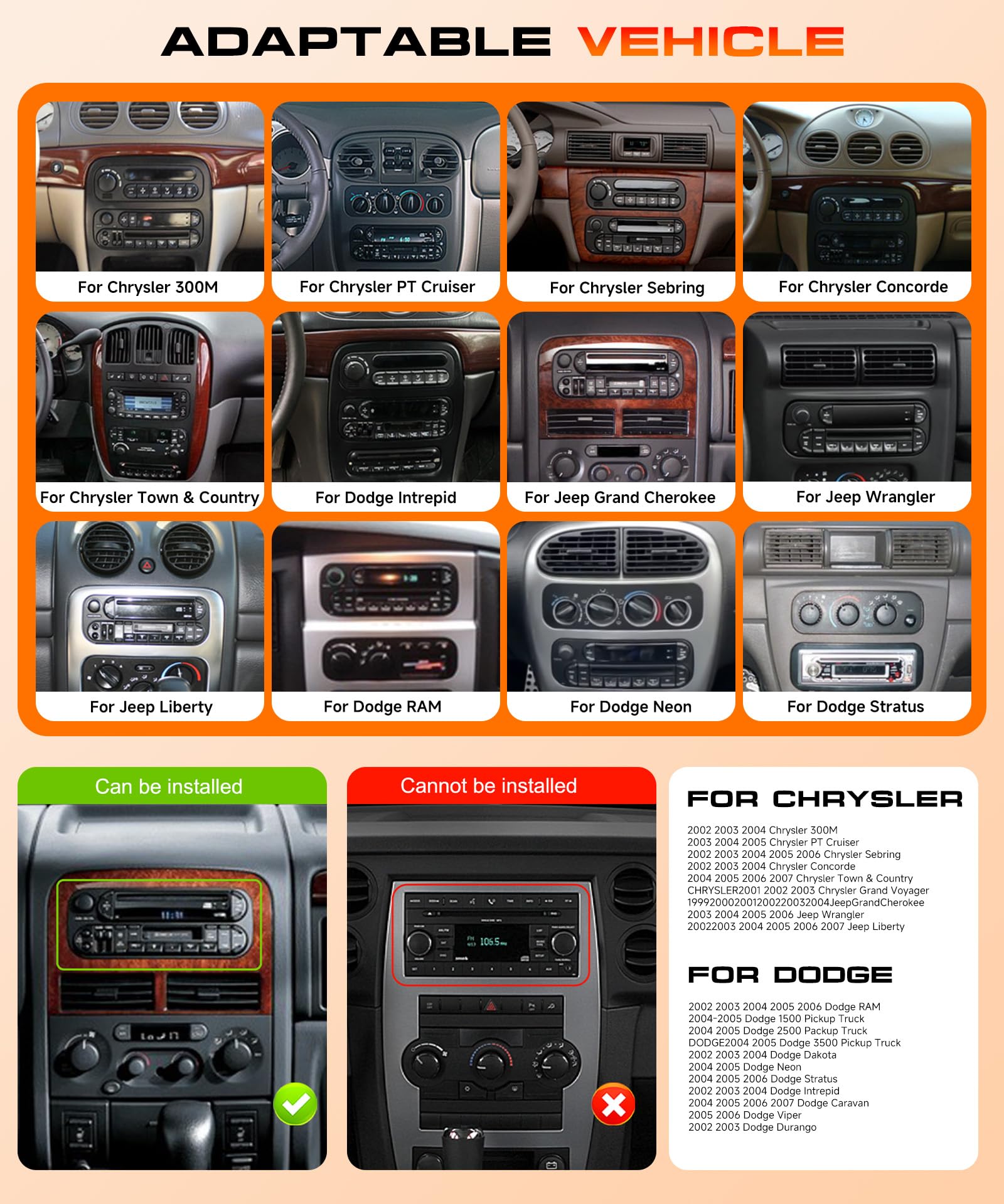2G&64G 6.9" Autoradio per Jeep Grand Cherokee Wrangler Liberty Chrysler Grand Voyager 300M PT Cruiser RAM 1500 2500 con Carplay Android Auto,Bluetooth RDS/FM Radio,WiFi GPS/Telecamera posteriore AHD