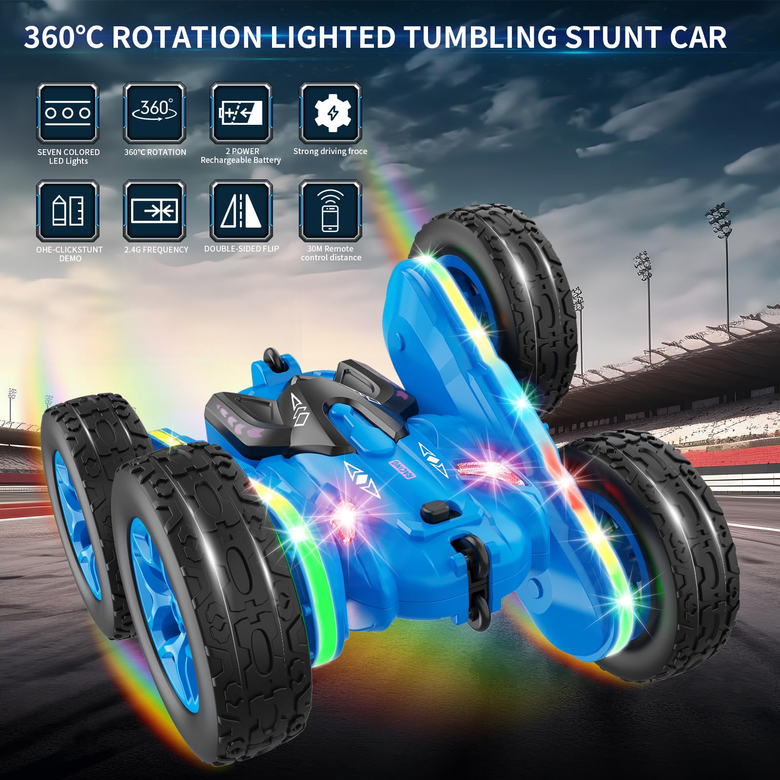 AIUNAOM Macchina Telecomandata per Bambini con Luci a Cingolo in Sette Colori 4WD Auto Macchine Radiocomandata 360℃ Rotazione Acrobatica 2.4Ghz RC Stunt Car 3-10 Anni Maschio Regalo di Compleanno