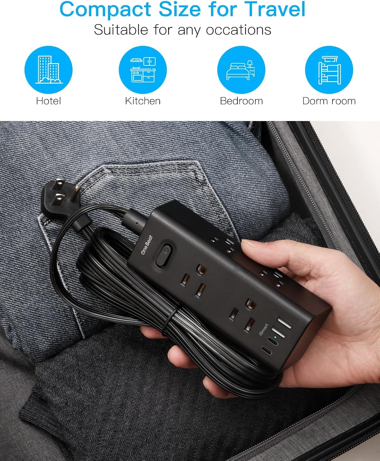 5Ft Extension Cord with Multiple Outlets, Flat Plug Power Strip Surge Protector with 5 Ft Long Cord, 6 Outlet 4 USB Ports (2 USB C), Multi Outlet Wall Plug for College, Dorm Room Essentials(Black)
