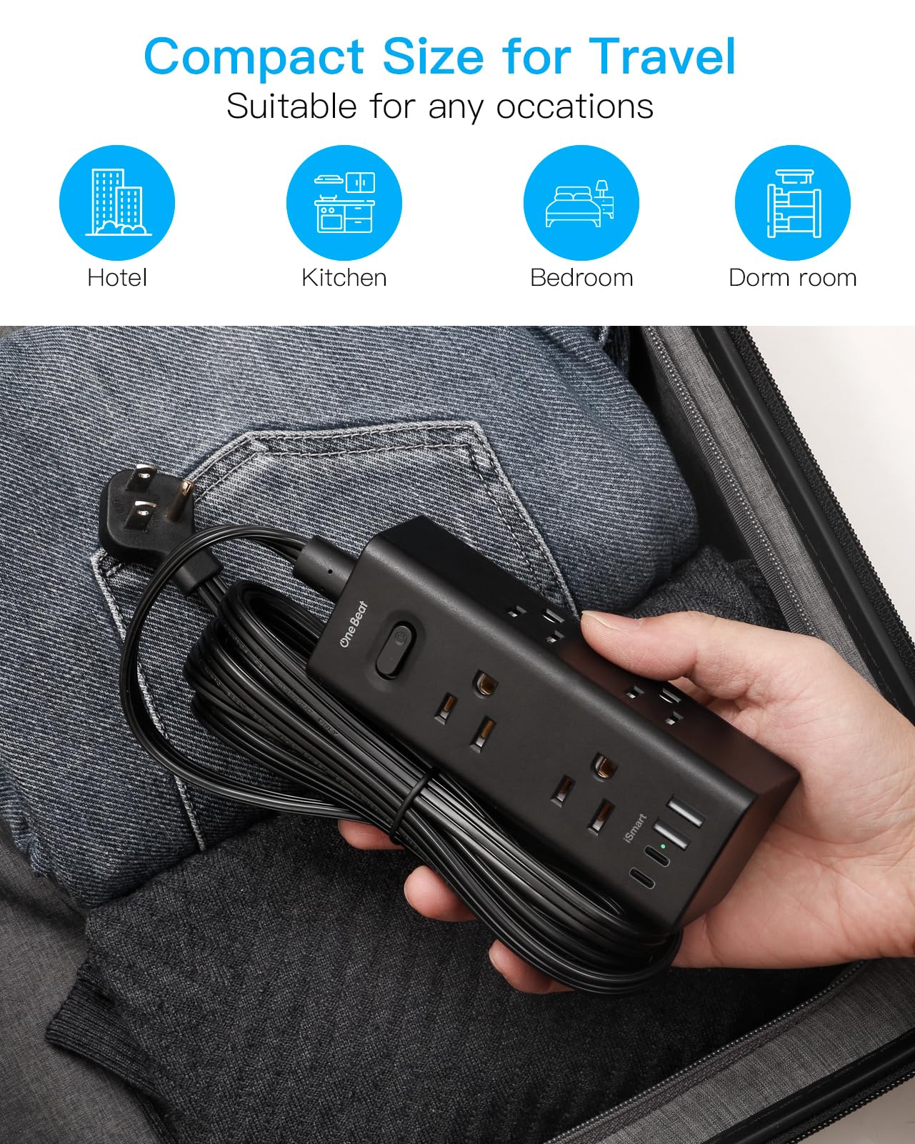Câble d'extension de 3 m avec plusieurs prises, protection contre les surtensions à prise plate avec câble de 3 m de long, 6 prises, 3 ports USB (1 USB C), prise murale multiple pour voyage,