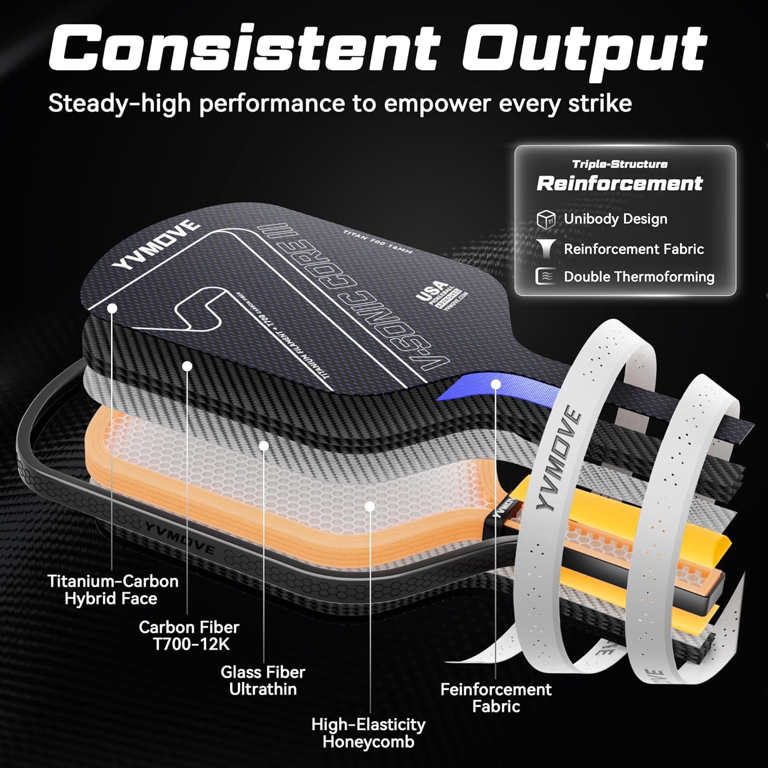 Pickleball Paddles for Advanced Players | Control & Power | Ti-Carbon Hybrid Face | V-Sonic IV Kinetic Core 16MM | Large Sweet Spot | Mid-Weight | Extended Grip | USAPA Approved - Image 6