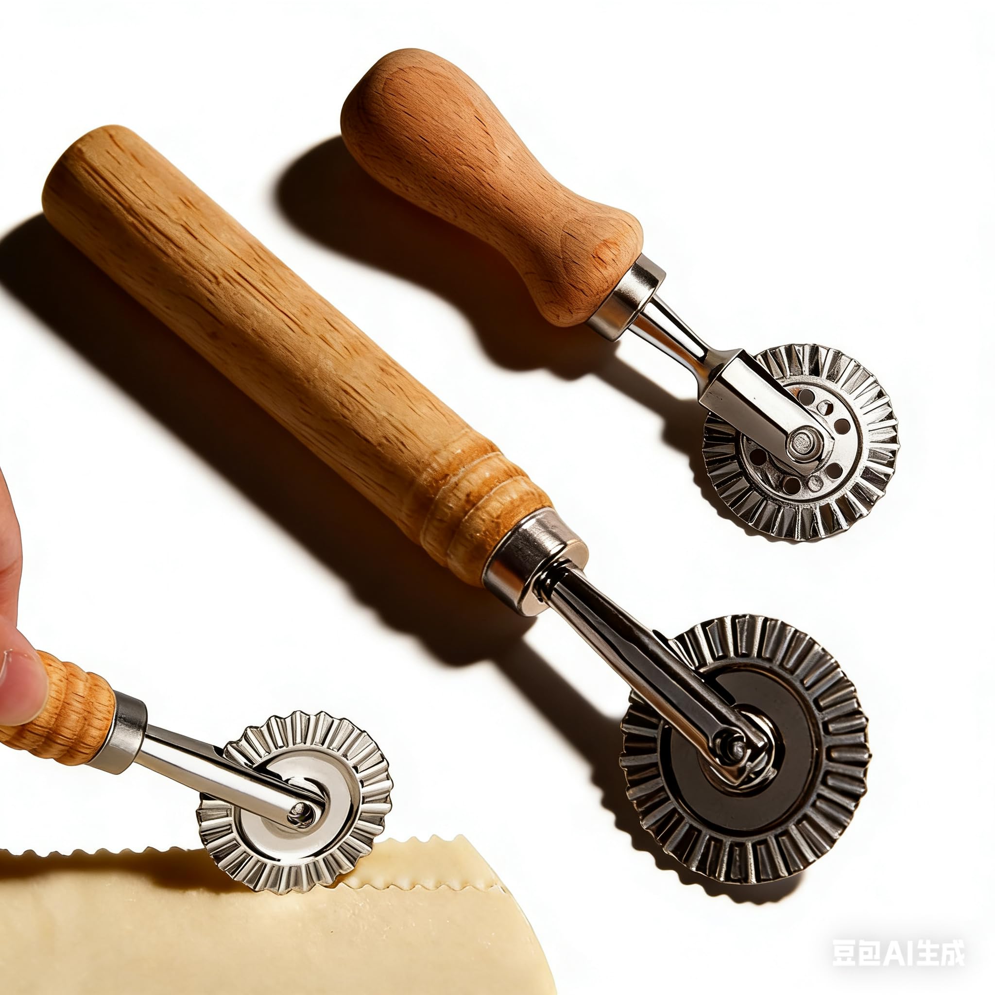 Teigrad Teigschneider Roller 2 Stück – Pasta Cutter Wheel gewelltes Schneidrad mit Holzgriff Nudelschneider-Rad aus Zinklegierung mit langem und kurzem Griff für Ravioli Pizza Teig Gebäck Kuchen