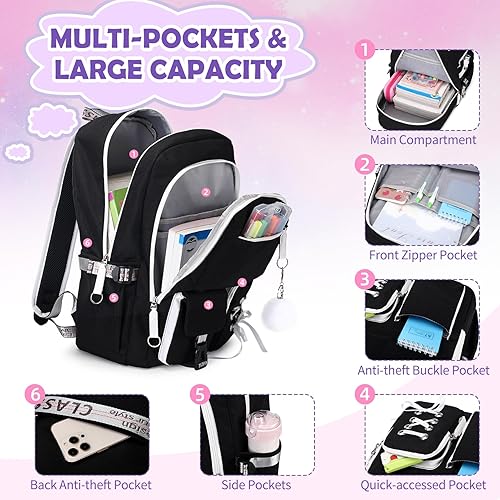 Miniatura 3 de ACESAK Mochilas para niñas, adolescentes, niños, escuela primaria, secundaria, universidad, mochila escolar para niños, Negro -