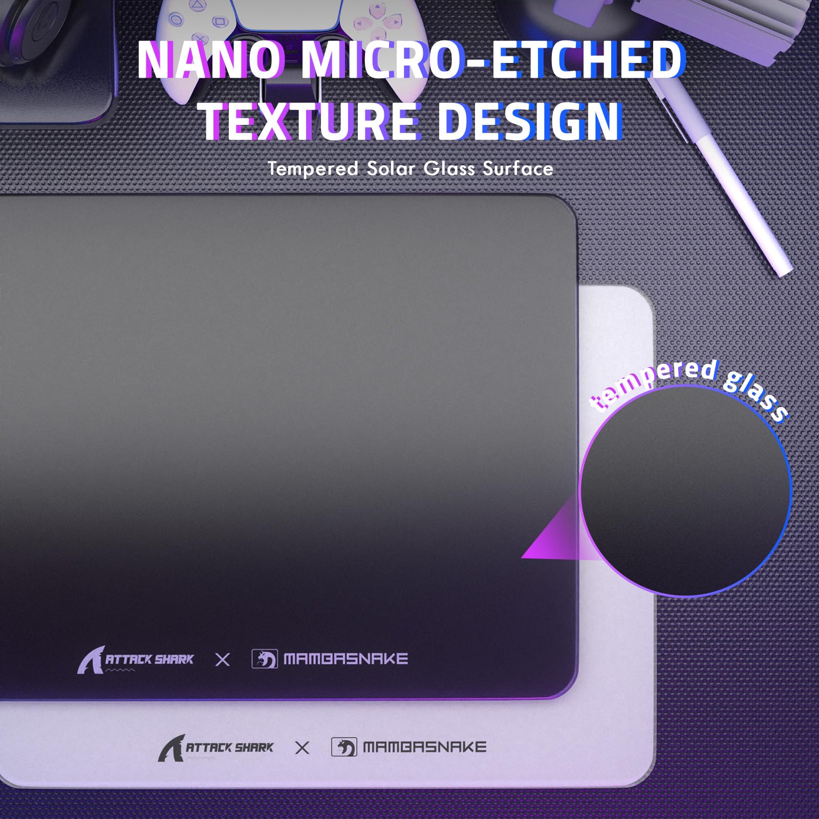 ATTACK SHARK CM05SE Tapis Souris Verre Trempé, 9H Dureté Anti-Rayures, Surface Ultra-Lisse Gravée Nano, Base PU Antidérapante, Haute Précision, Déplacement Rapide, 410×310×5mm, Esports/Bureau - Noir
