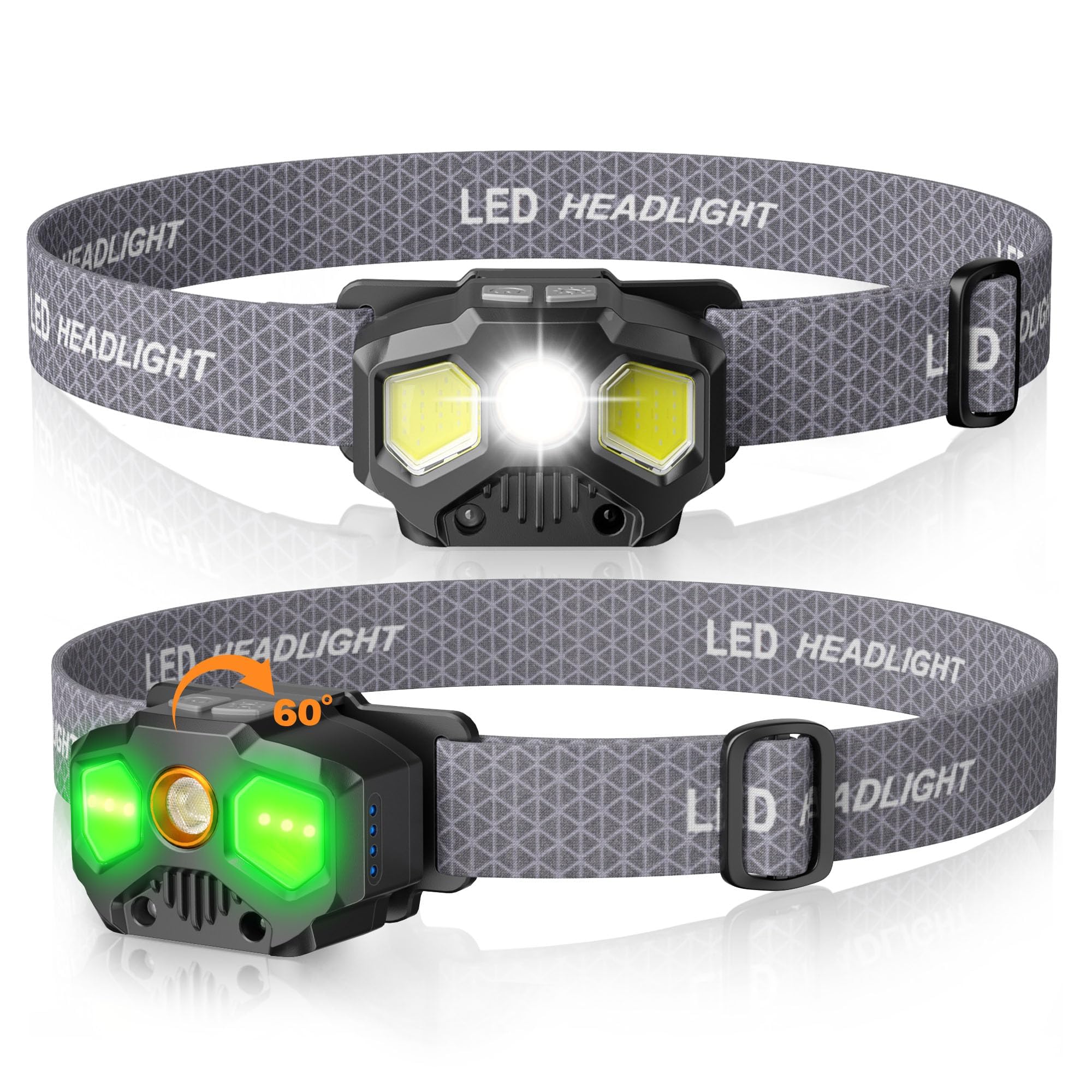 Lot de 2 lampes frontales rechargeables, 1300 lumens, ultra lumineuses avec blanc, rouge, vert, 14 modes, réglables, étanches, détecteur de mouvement, pour camping, randonnée, course à pied, cyclisme
